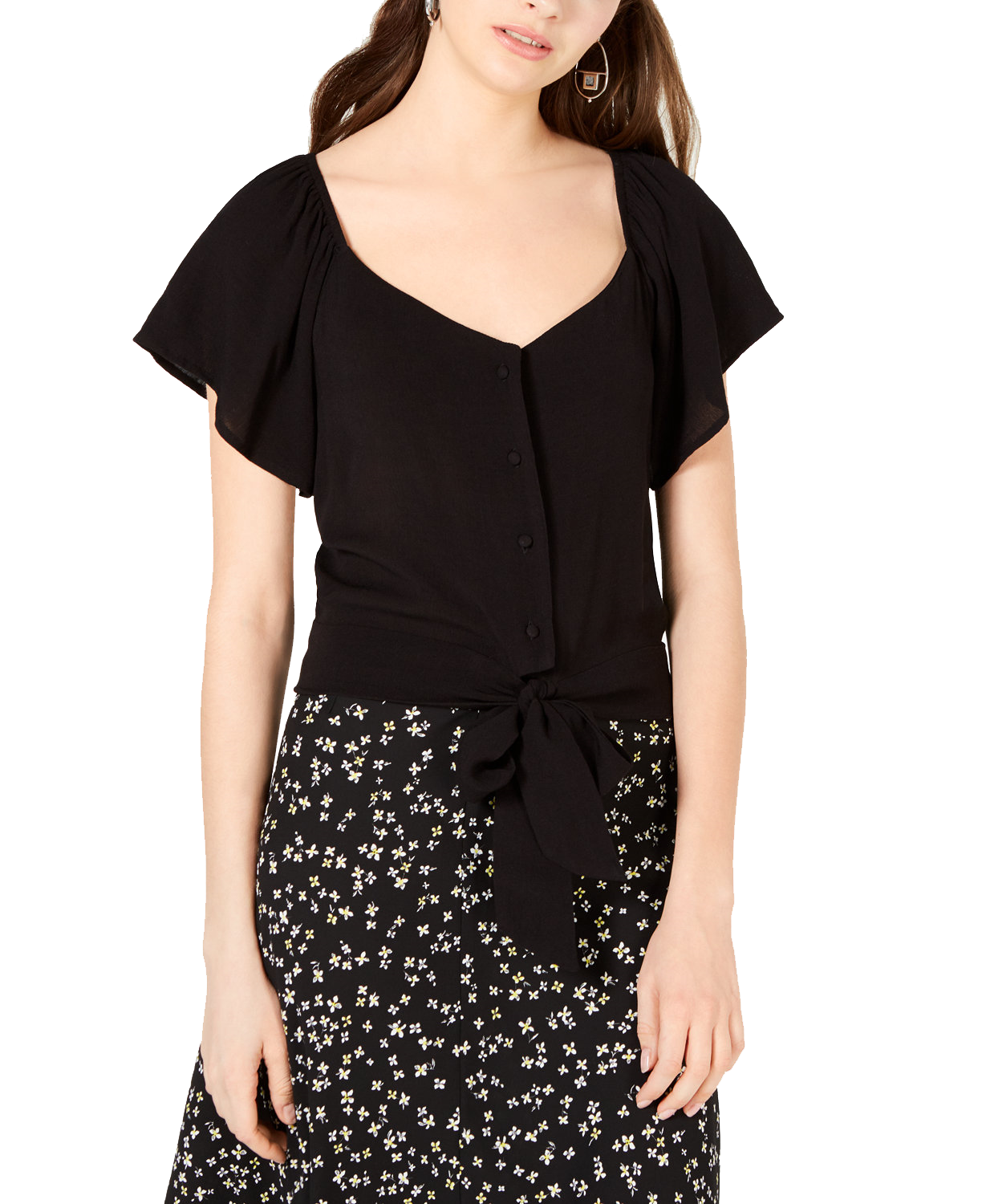 Gypsies & Moondust Women Flutter Sleeve Button Front Top Black