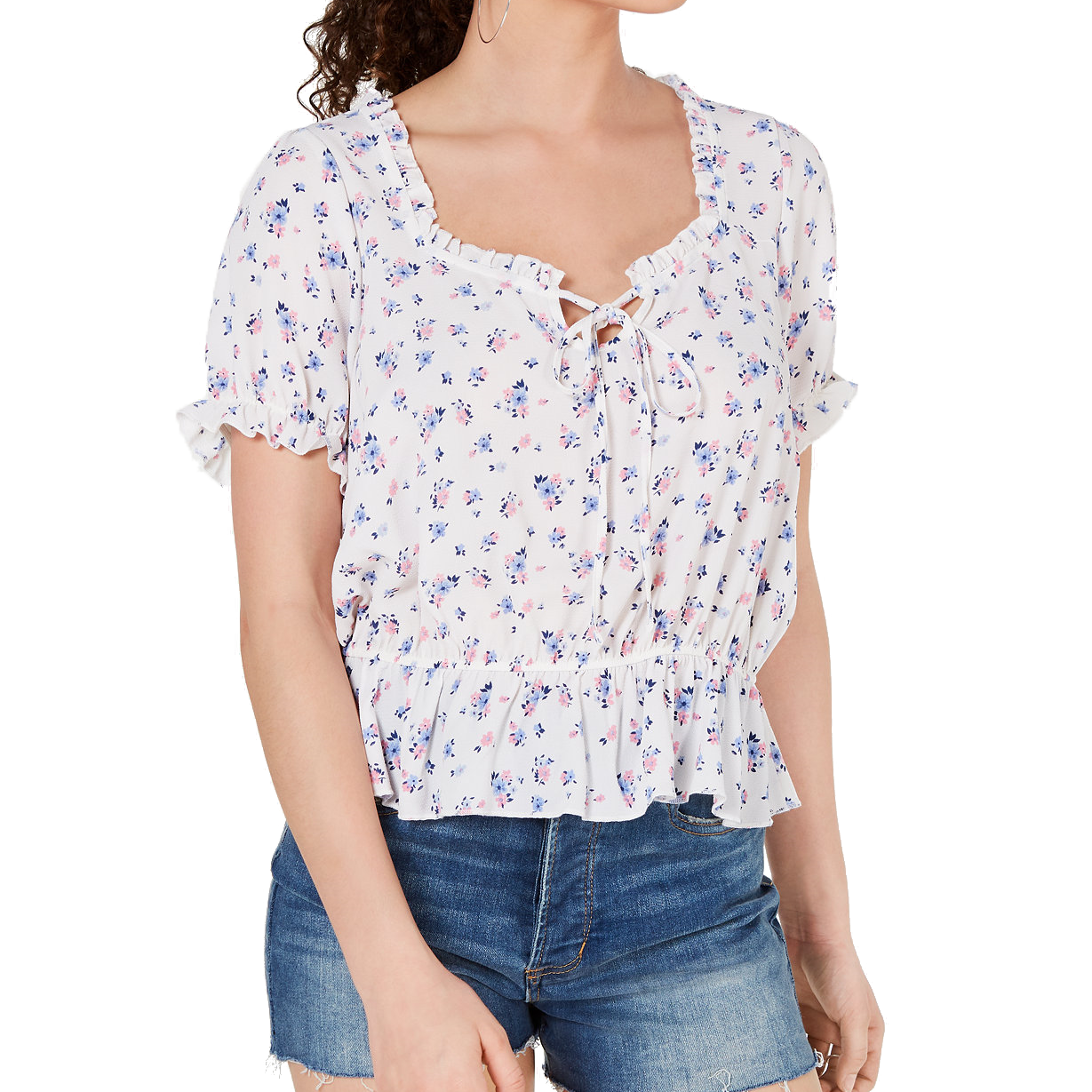 Ultra Flirt Women Printed Ruffled Cap Sleeve Top Ivory Ditsy Floral