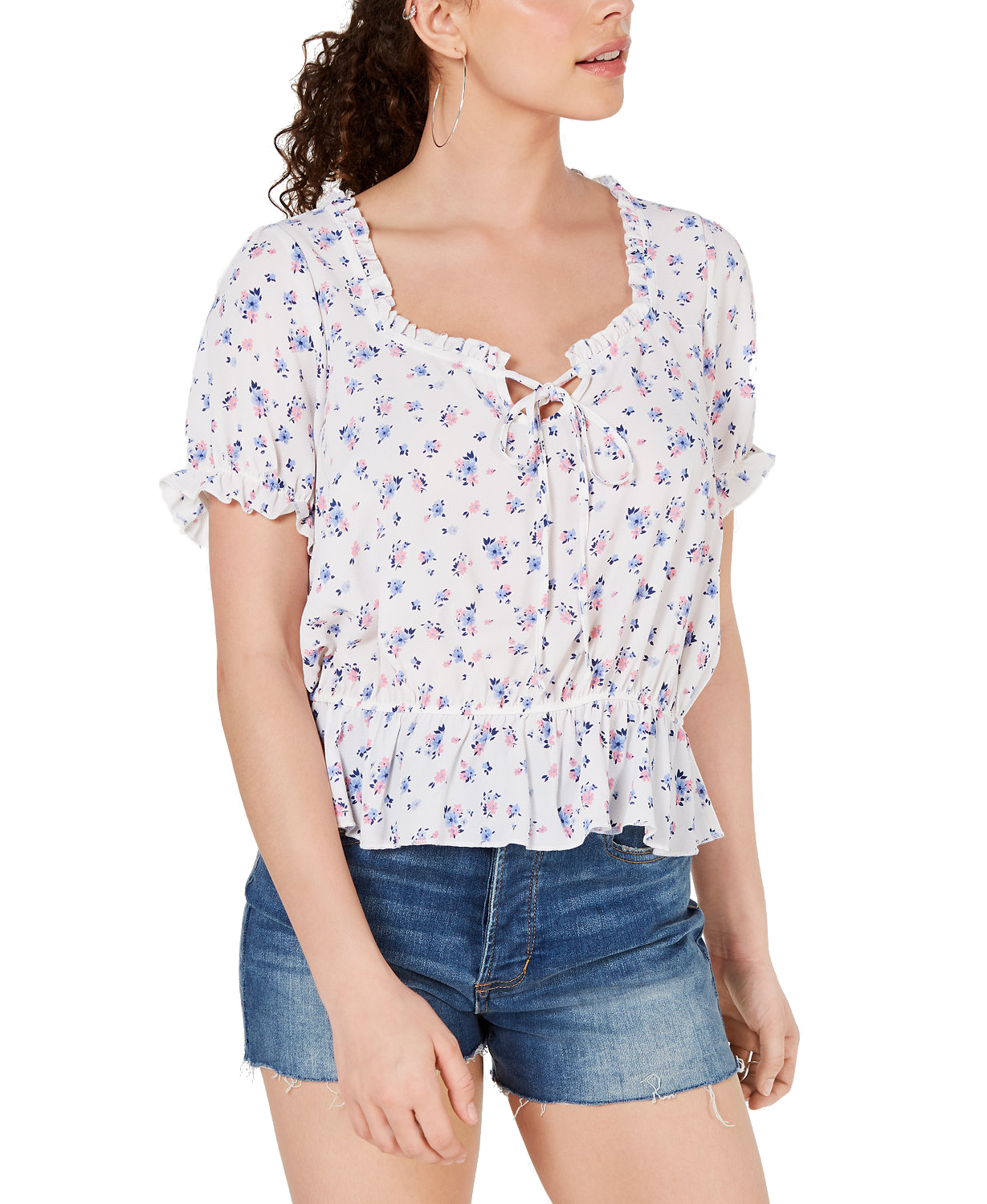 Ultra Flirt Women Printed Ruffled Cap Sleeve Top Ivory Ditsy Floral