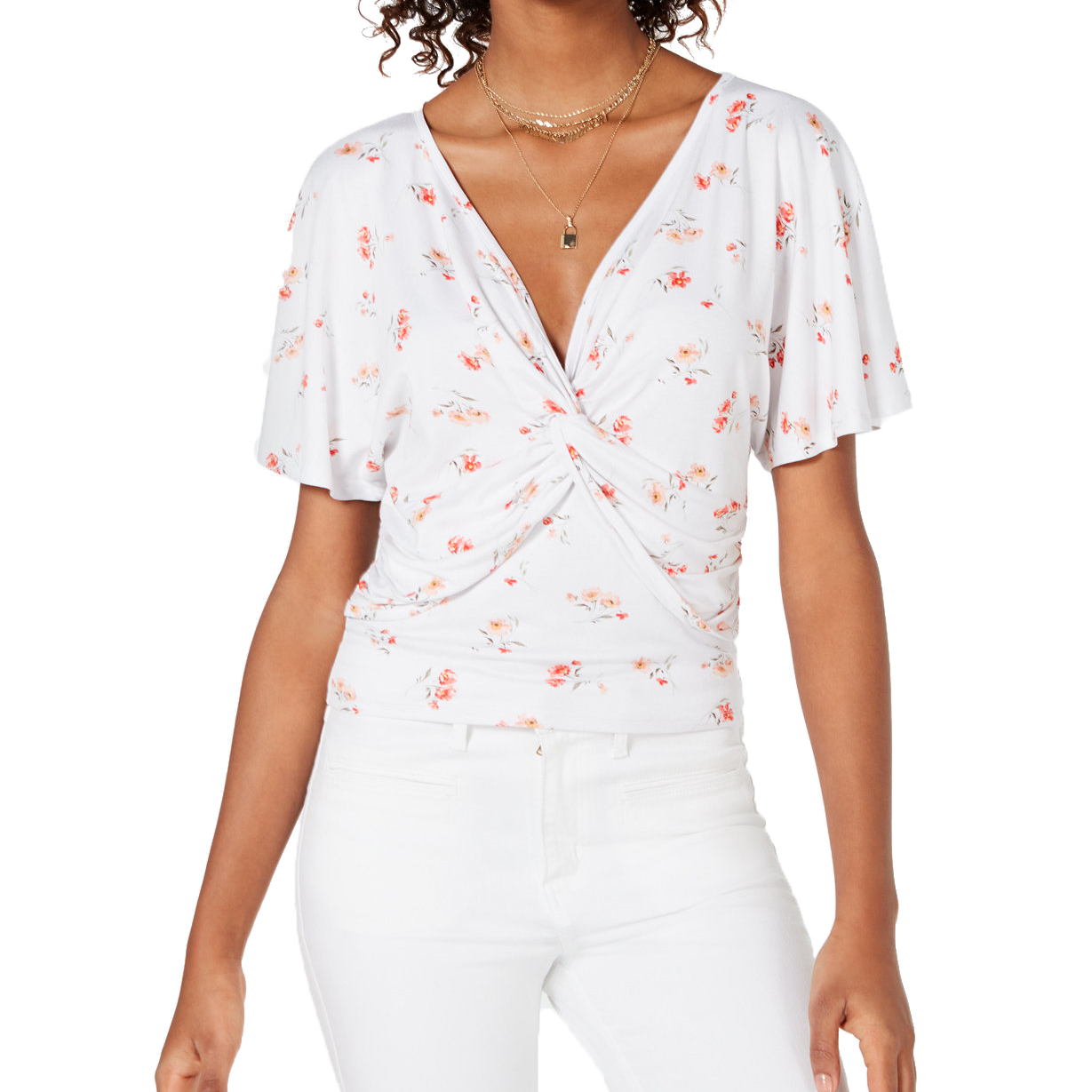 Ultra Flirt Women Printed Knot Front Top White Peach Melba