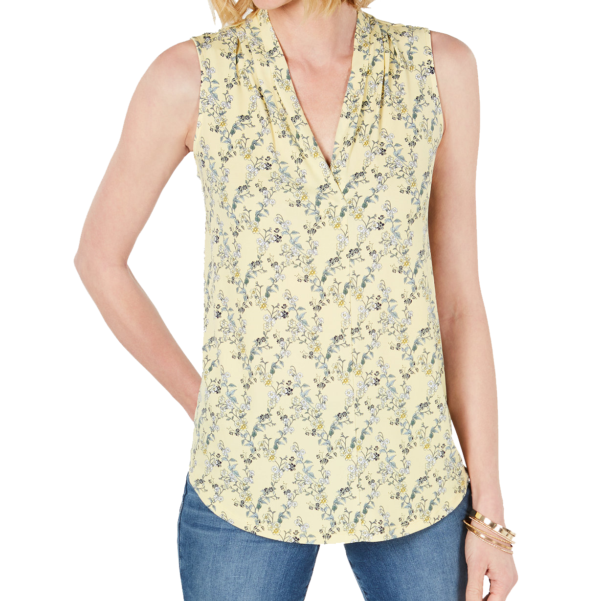 Charter Club Women Petite Printed Pleat Neck Top Citron Aura Combo