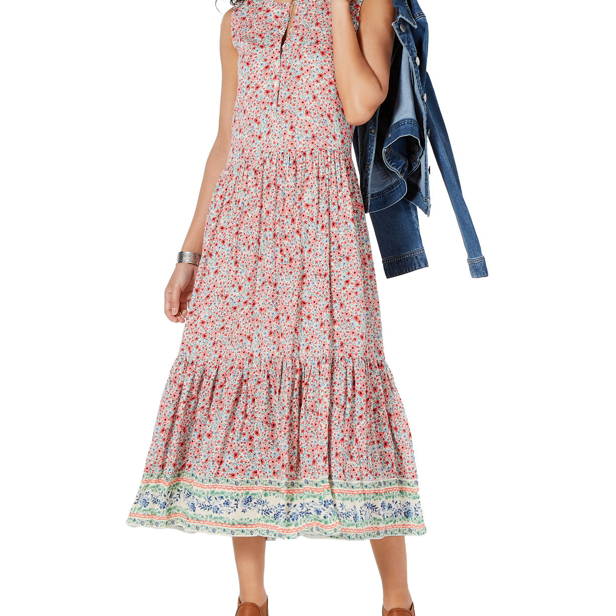 Style & Co Printed Sleeveless Tiered Maxi Dress Sun Brillance Pink
