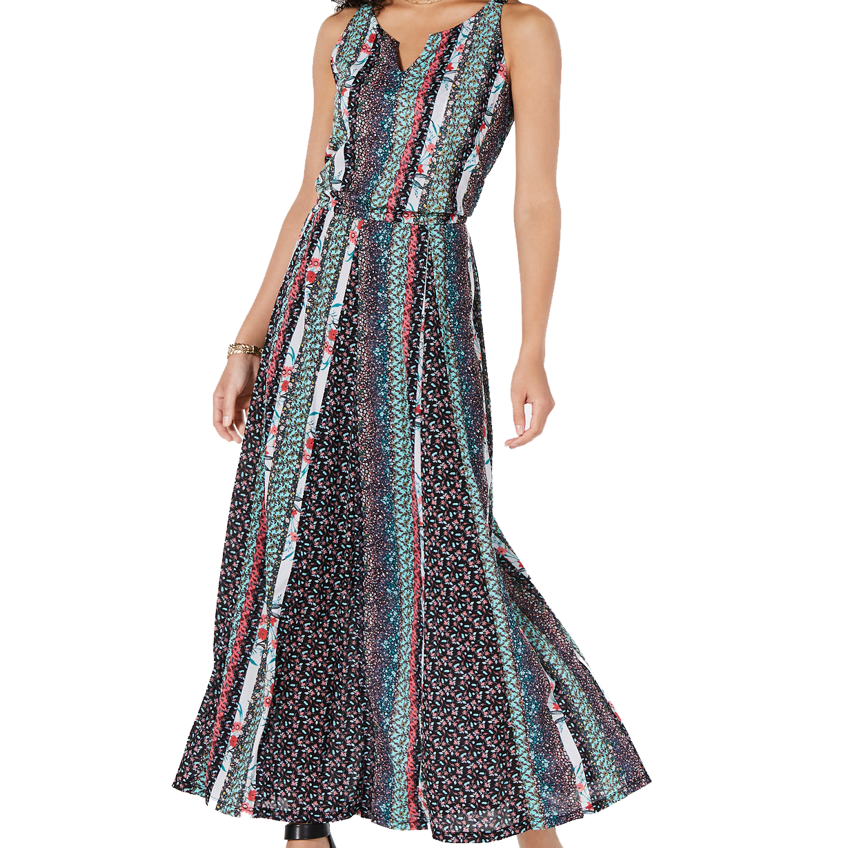 Style & Co Printed Split Neck Sleeveless Maxi Dress Garden Stripes