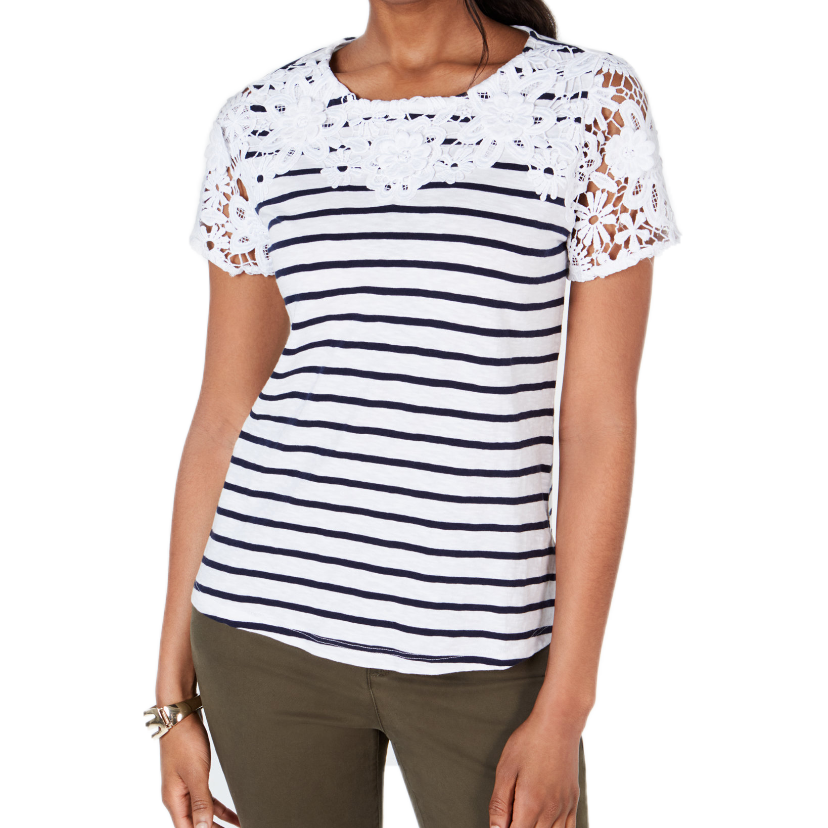 Charter Club Women Petite Embroidered Striped Top Bright White Combo
