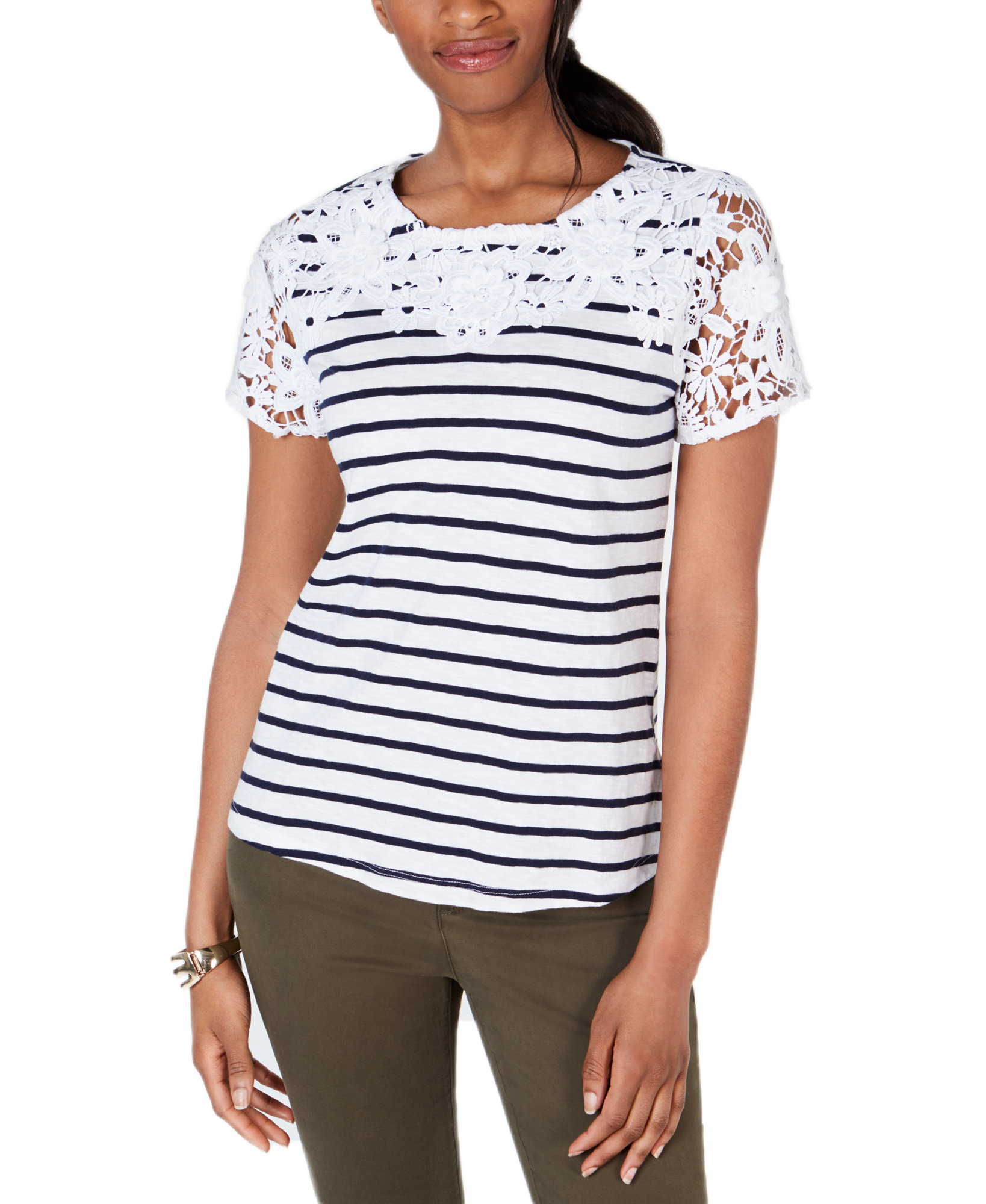 Charter Club Women Petite Embroidered Striped Top Bright White Combo