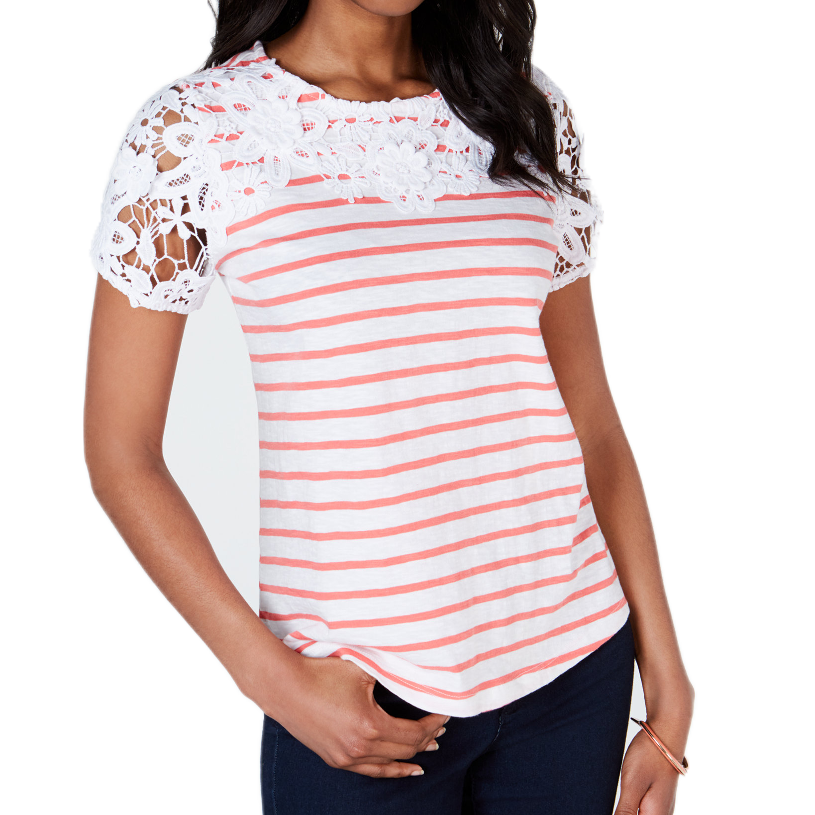Charter Club Women Petite Embroidered Striped Top Tuscan Coral Combo