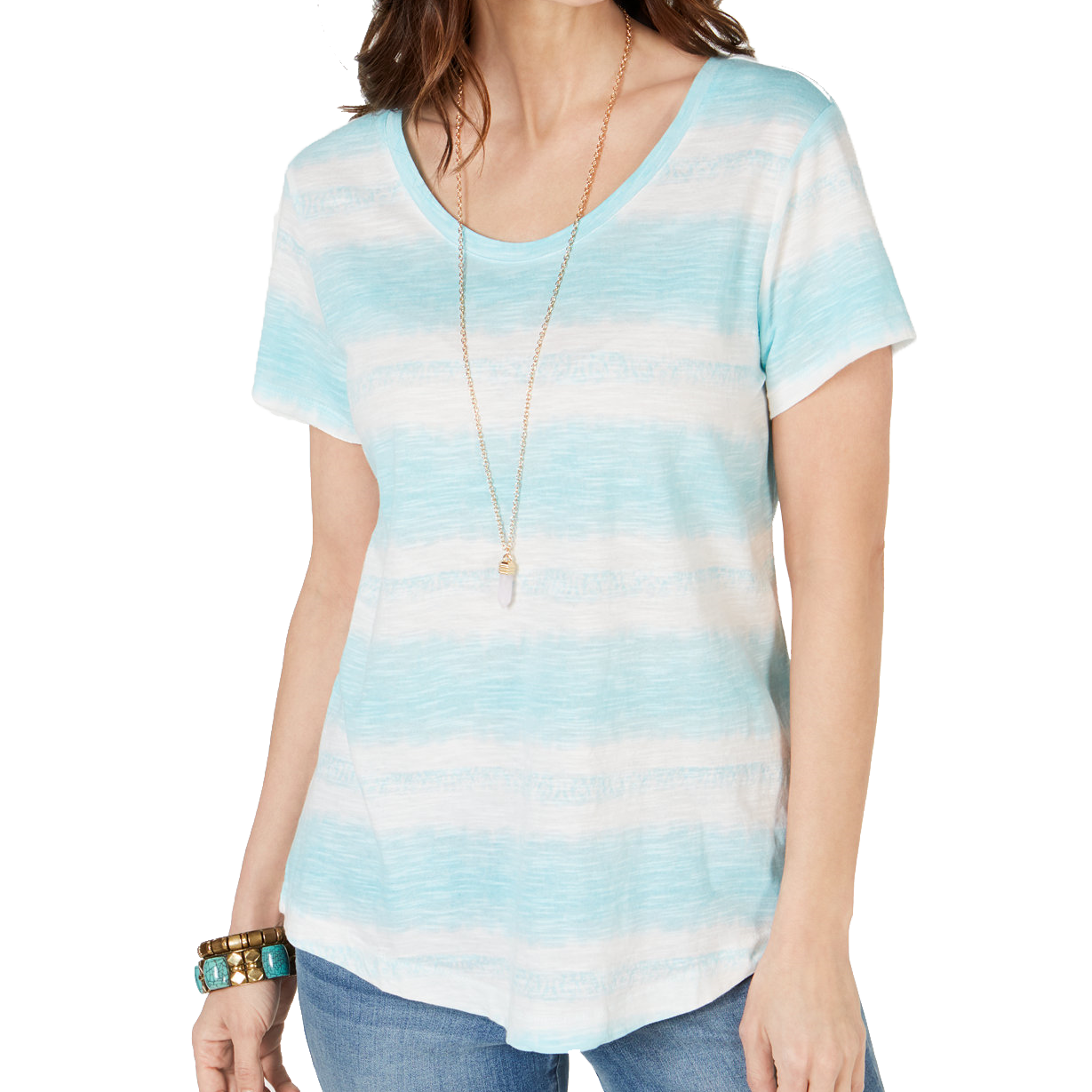 Style & Co Striped Cotton Scoop Neck T Shirt Freeway Dye Aqua