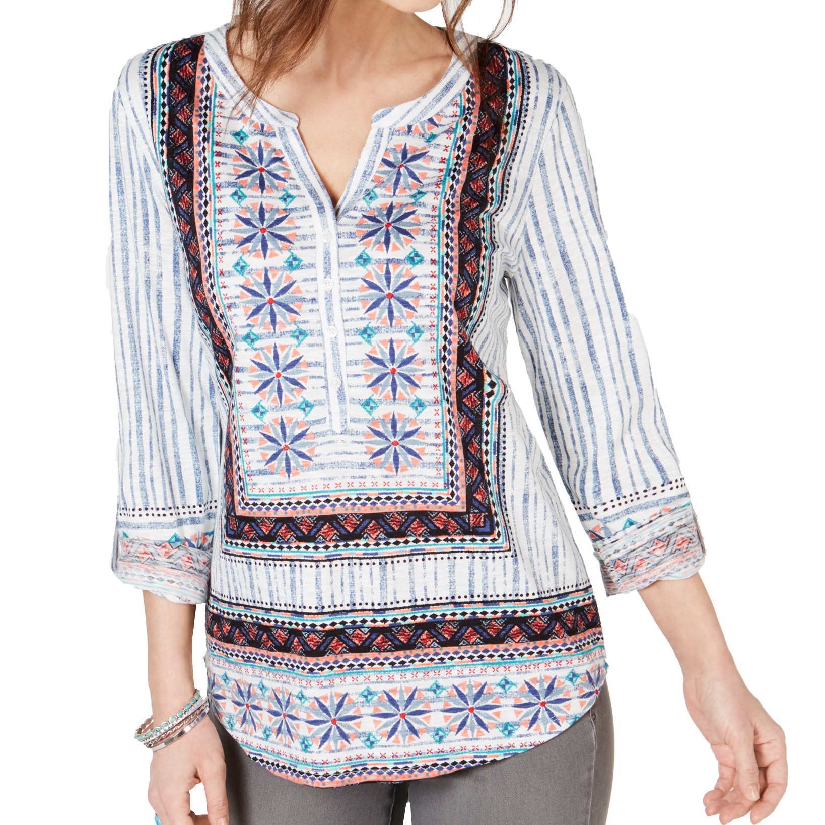 Style & Co Mixed Print Roll Tab Sleeve Top Stripe Delight