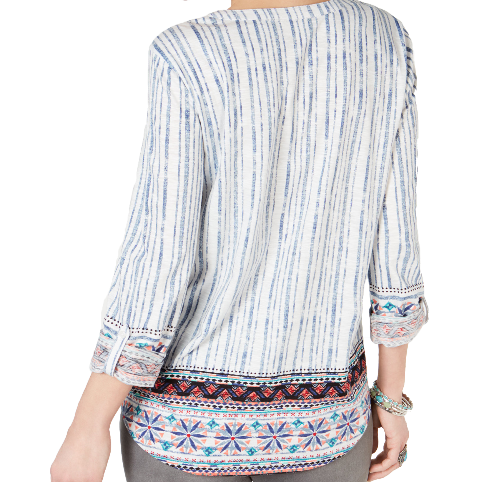 Style & Co Mixed Print Roll Tab Sleeve Top