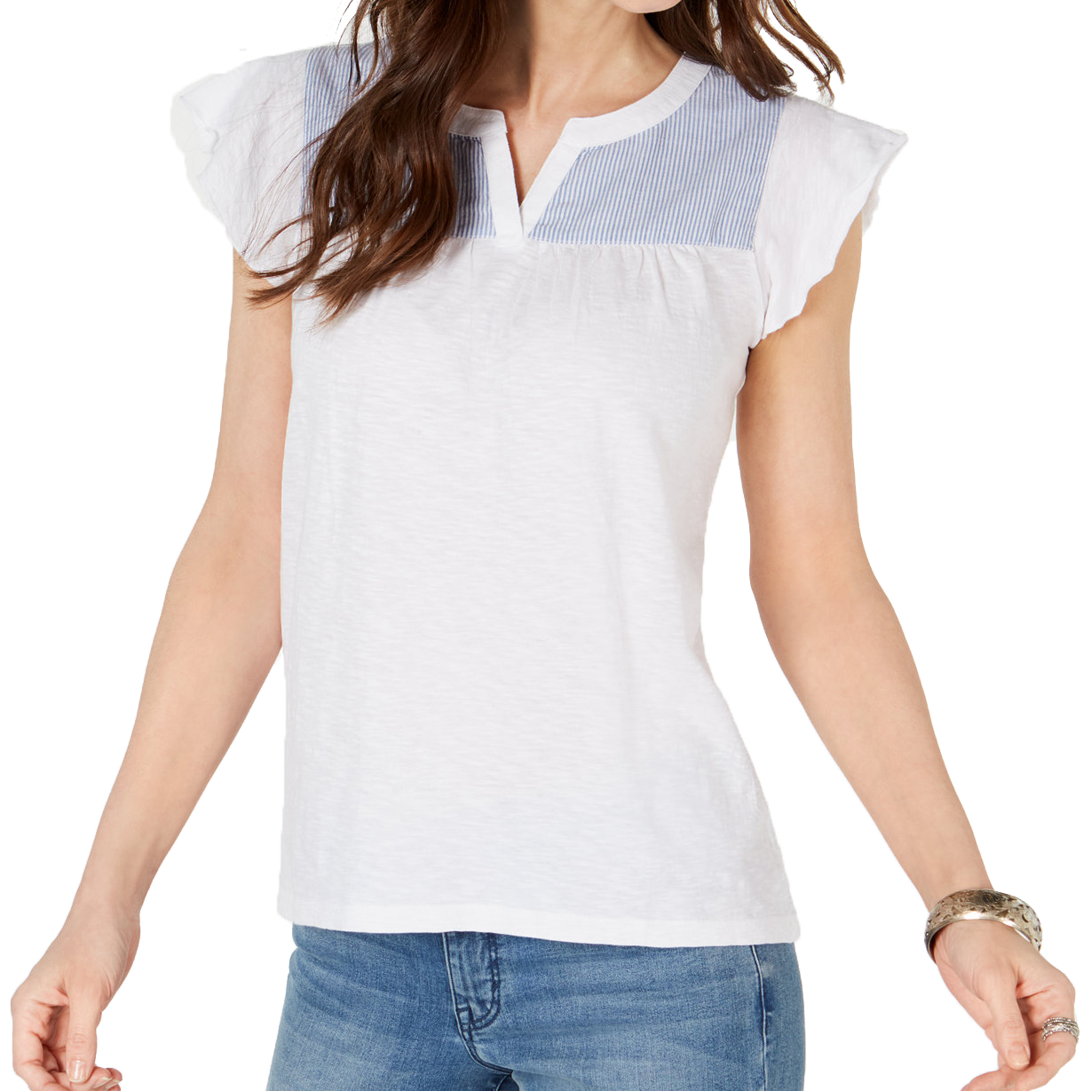 Style & Co Women Contrast Yoke Cotton Top Minute Stripe
