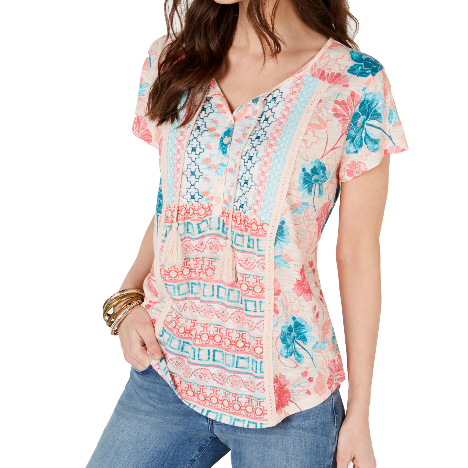 Style & Co Mixed Print Crochet Trim Peasant Top Garden Bliss