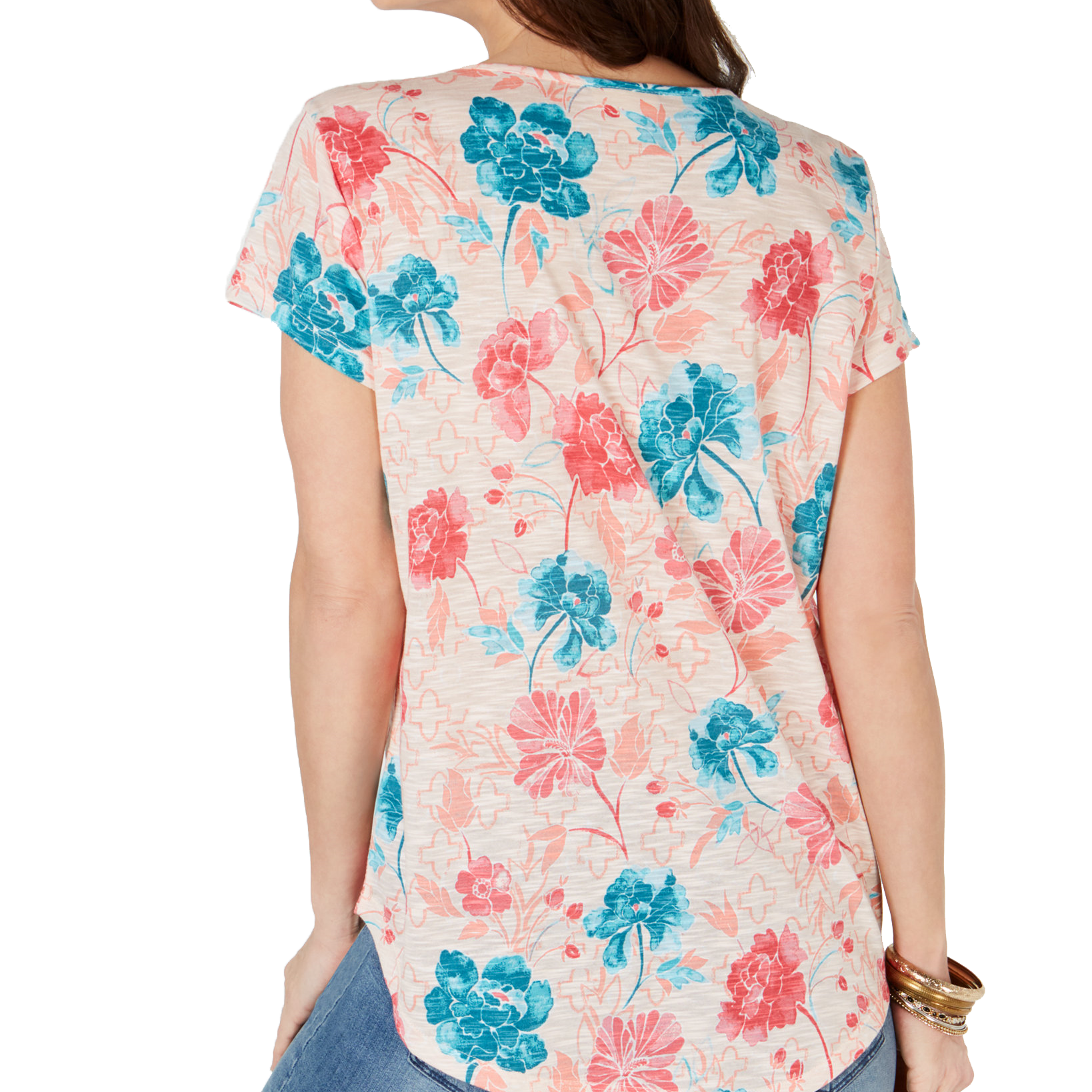 Style & Co Mixed Print Crochet Trim Peasant Top