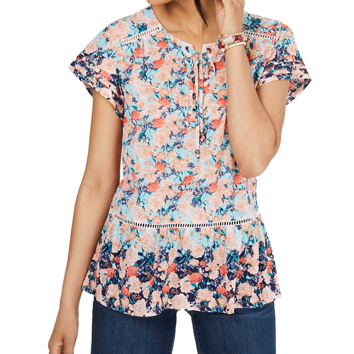 Style & Co Women Printed Ruffled Peasant Top Fresh Daze