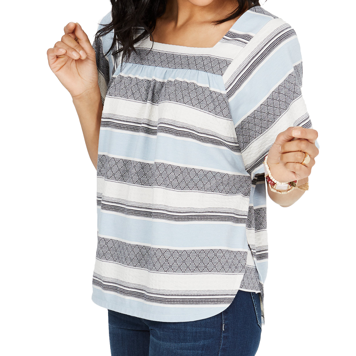 Style & Co Women Jacquard Stripes Square Neck Top Variegated Jacu