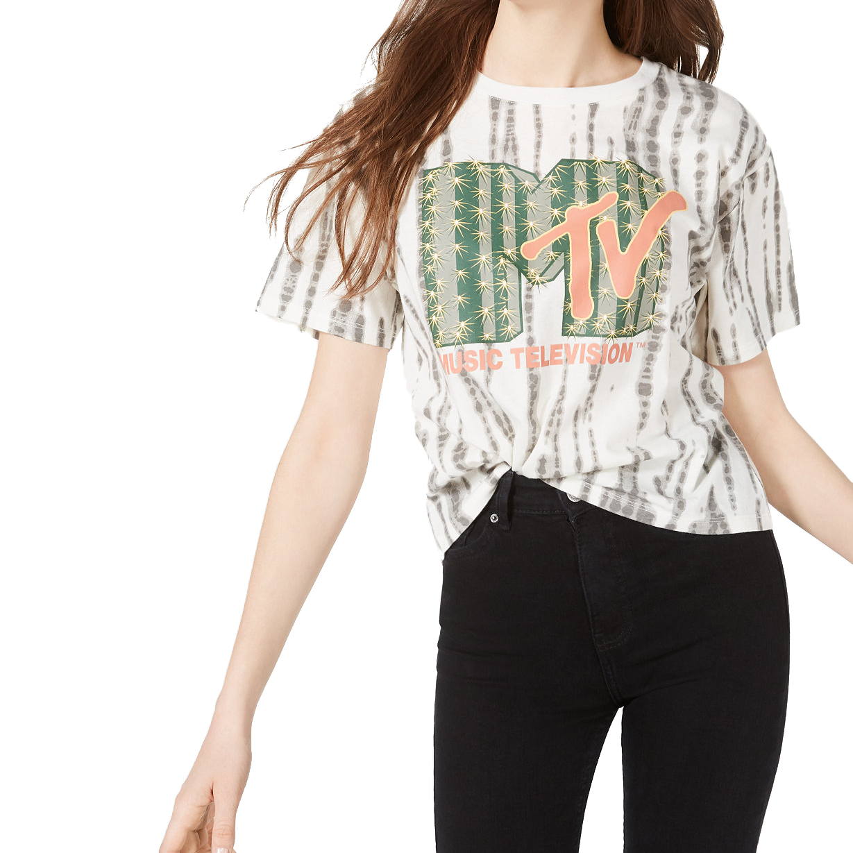 Love Tribe Women MTV Printed Cropped Graphic T Shirt Snow White Bamboo Wash