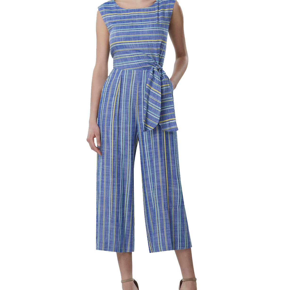 Tahari ASL Women Striped Cropped Jumpsuit Blue Yellow