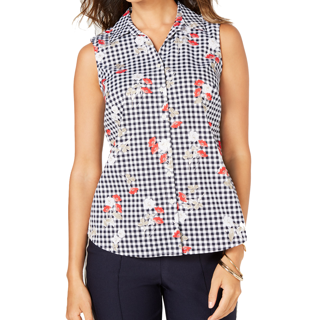 Charter Club Women Sleeveless Floral Gingham Blouse Bright White Combo