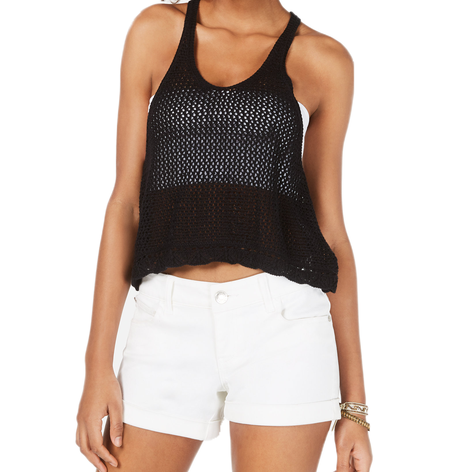 Hooked Up by IOT Women Sleeveless Knit Mesh Top Black