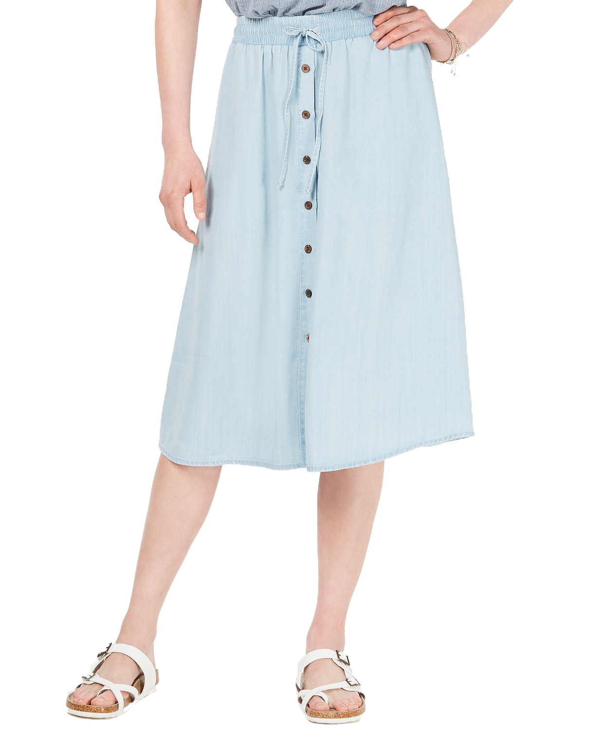 Style & Co Women Chambray Button Front Midi Skirt Sun Wash
