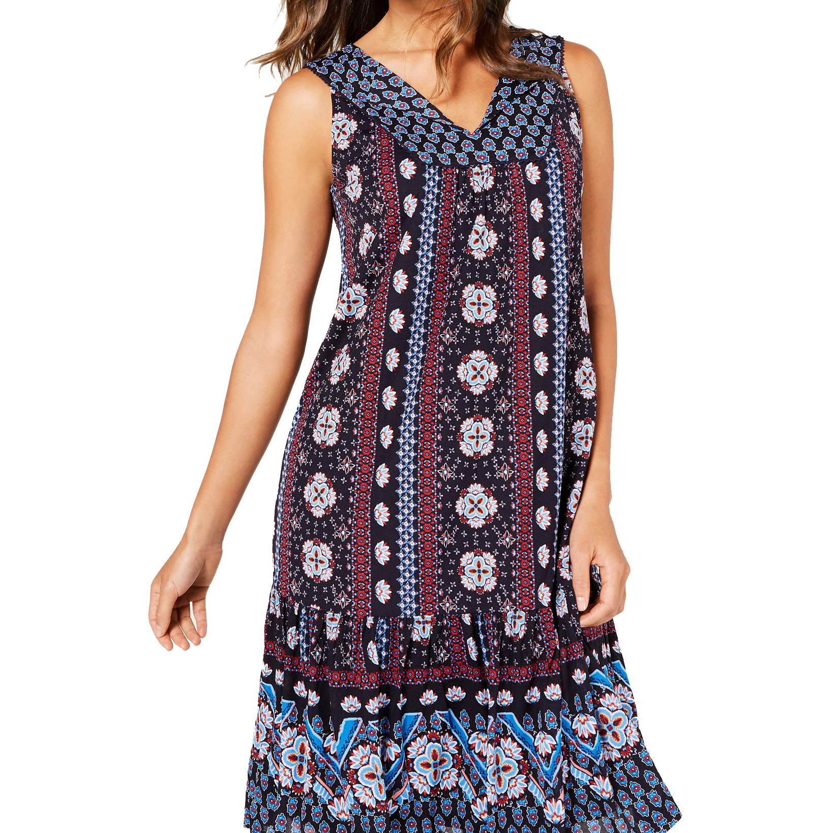 Style & Co Women Geo Medley Printed Flounce Hem Dress