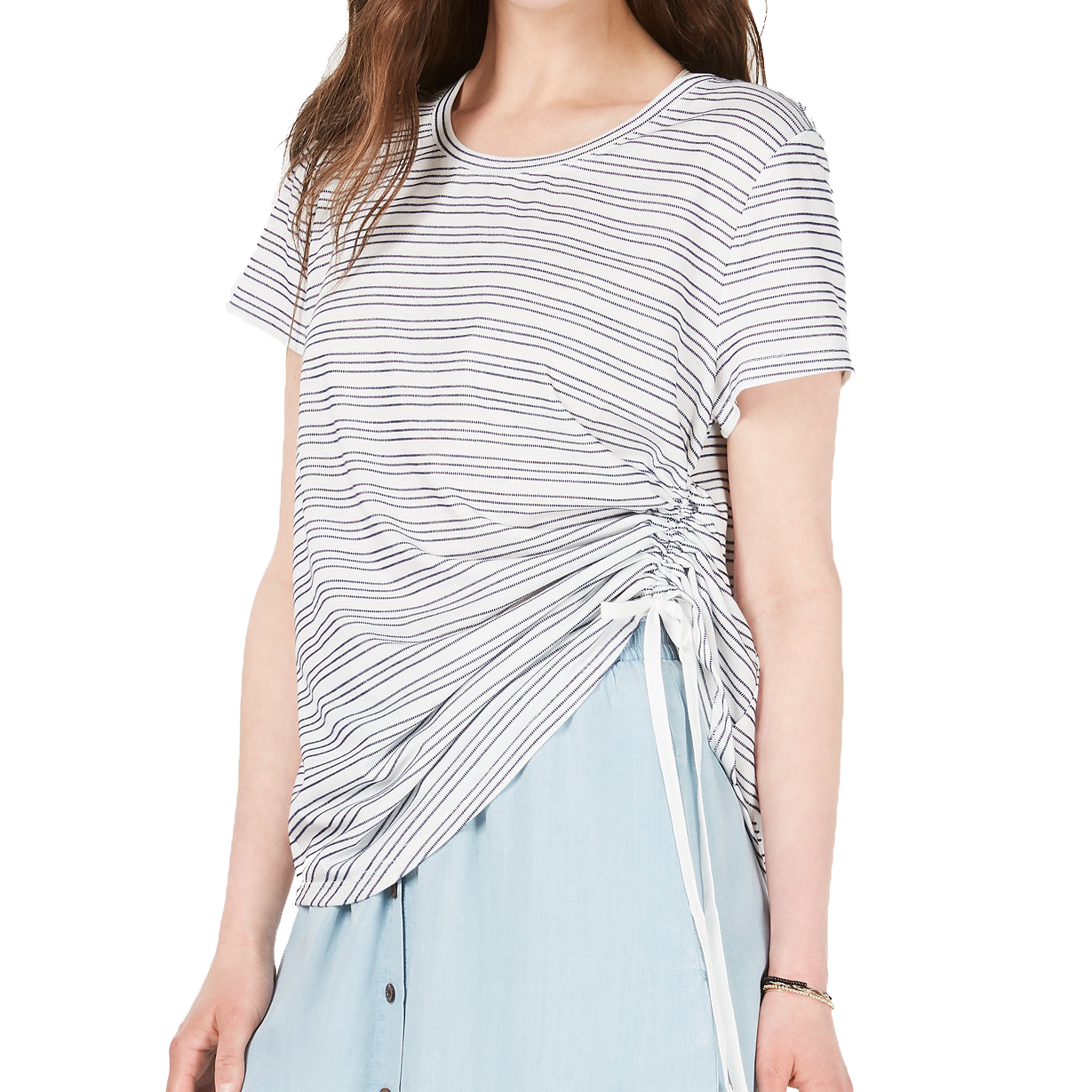 Style & Co Women Striped Side Ruched Top Ticking Stripe Blue