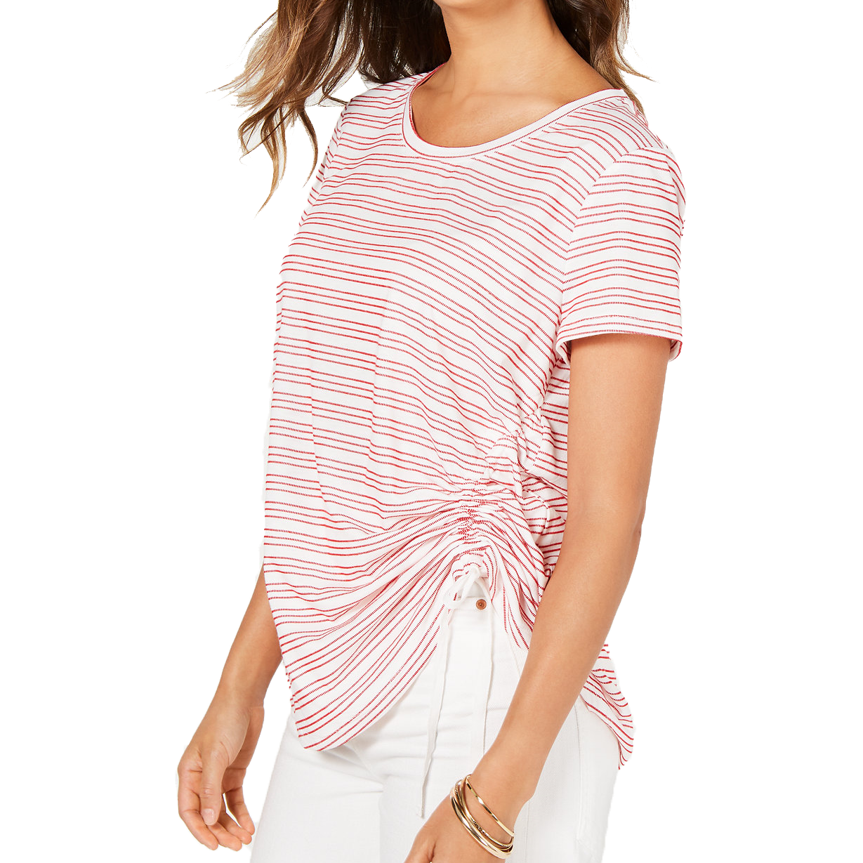 Style & Co Women Striped Side Ruched Top Ticking Stripe Red