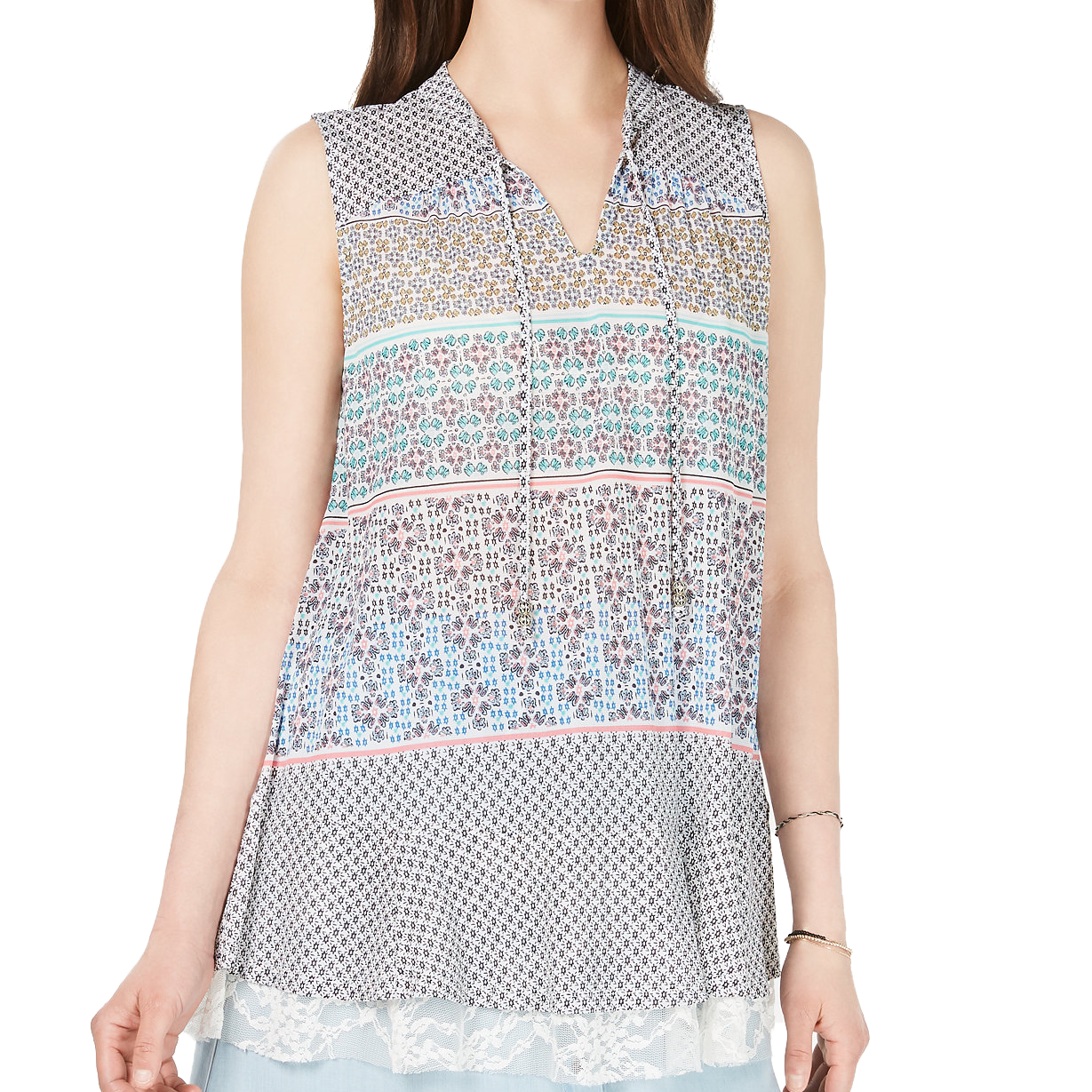Style & Co Women Printed Lace Trim Top New Wave