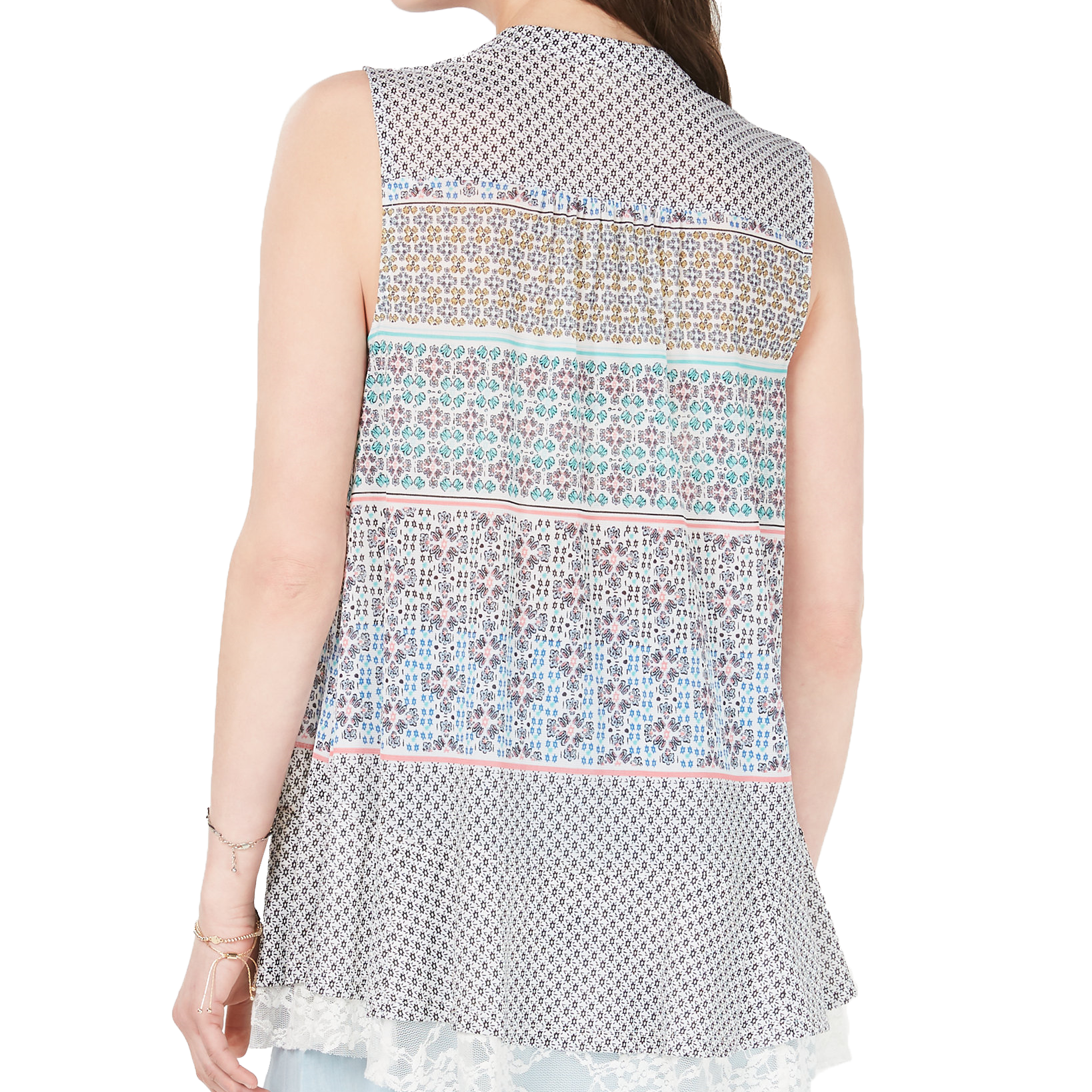 Style & Co Women Printed Lace Trim Top