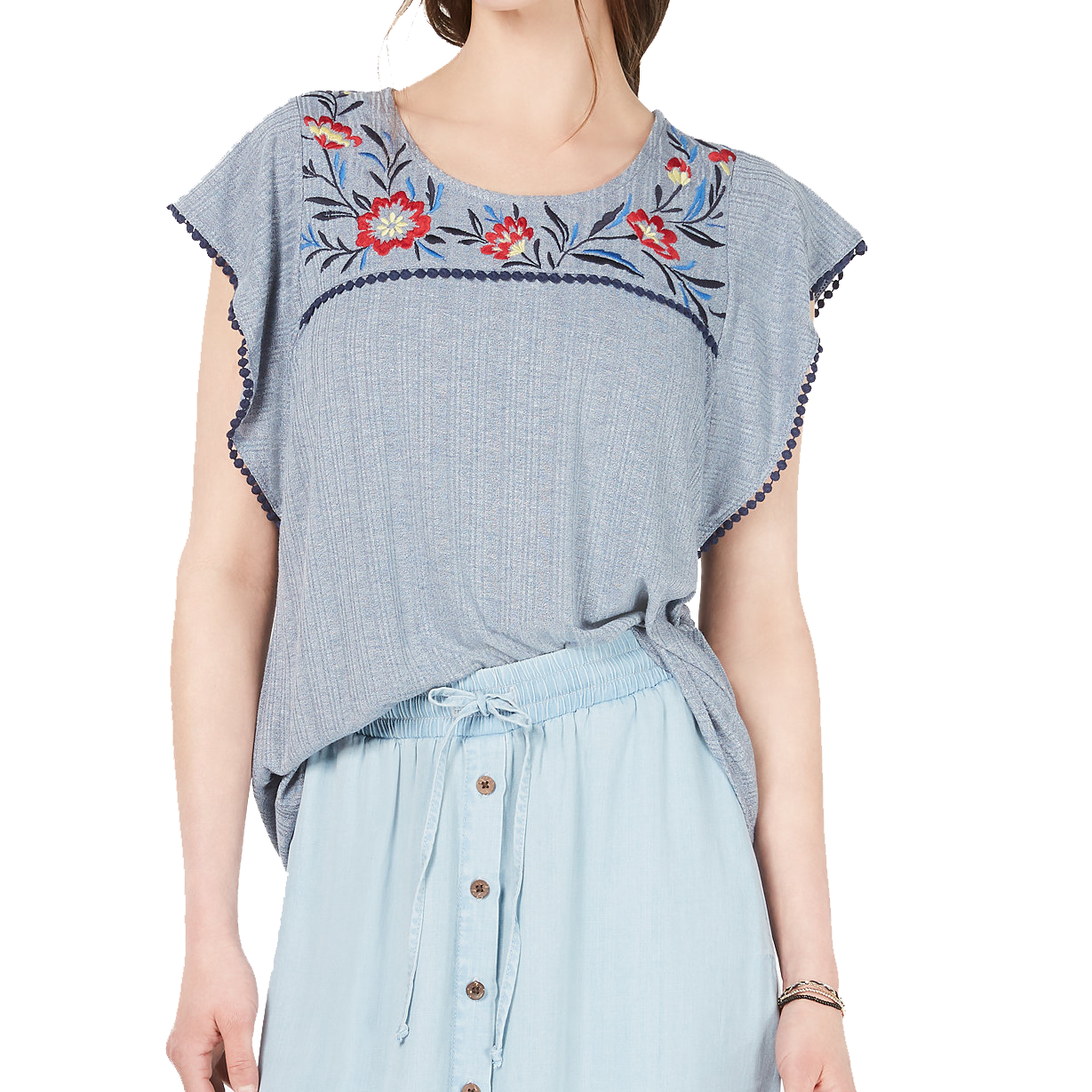 Style & Co Women Embroidered Knit Flutter Sleeve Top Garden Stitch