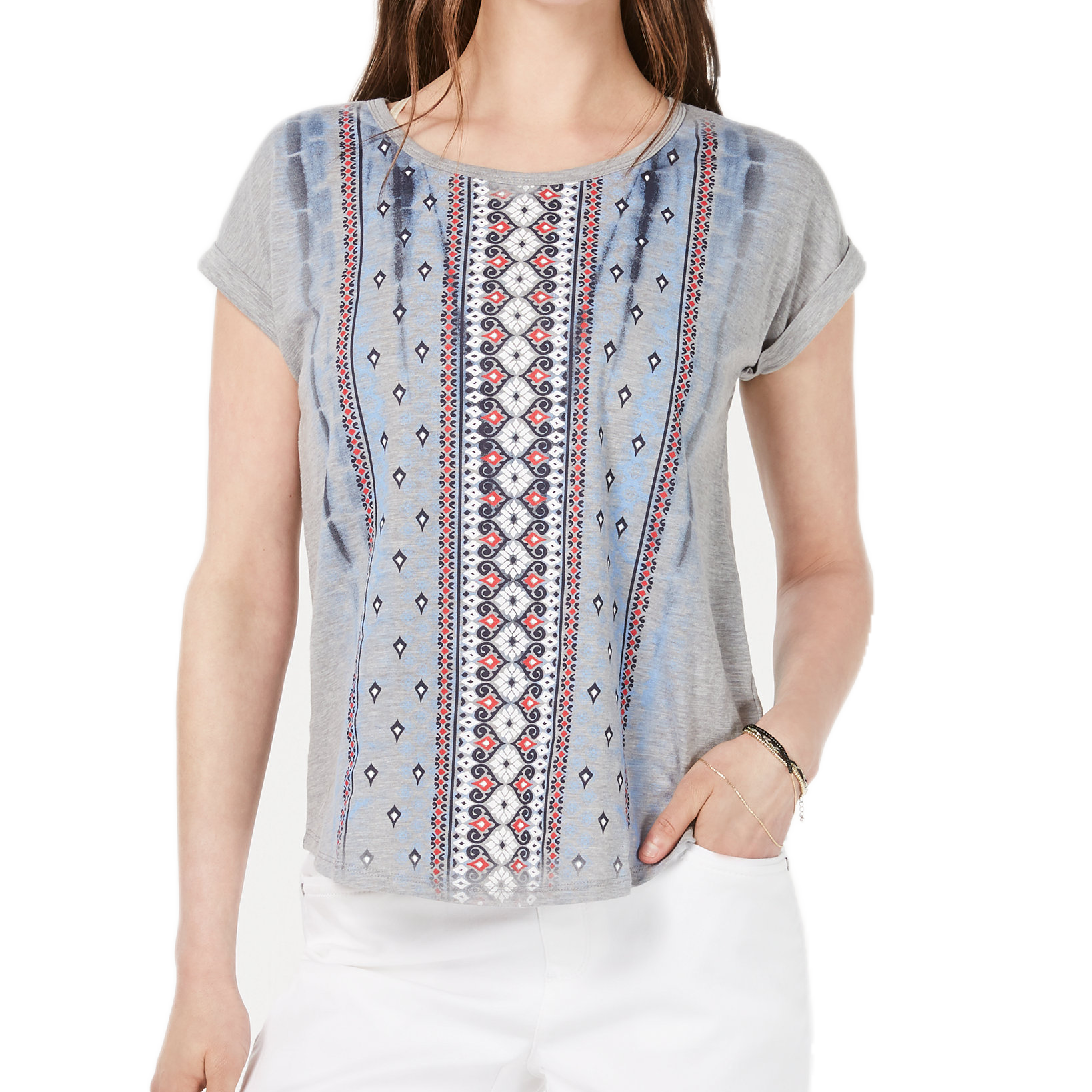 Style & Co Women Petite Printed Scoop Neck Top Tye Dye Tribal