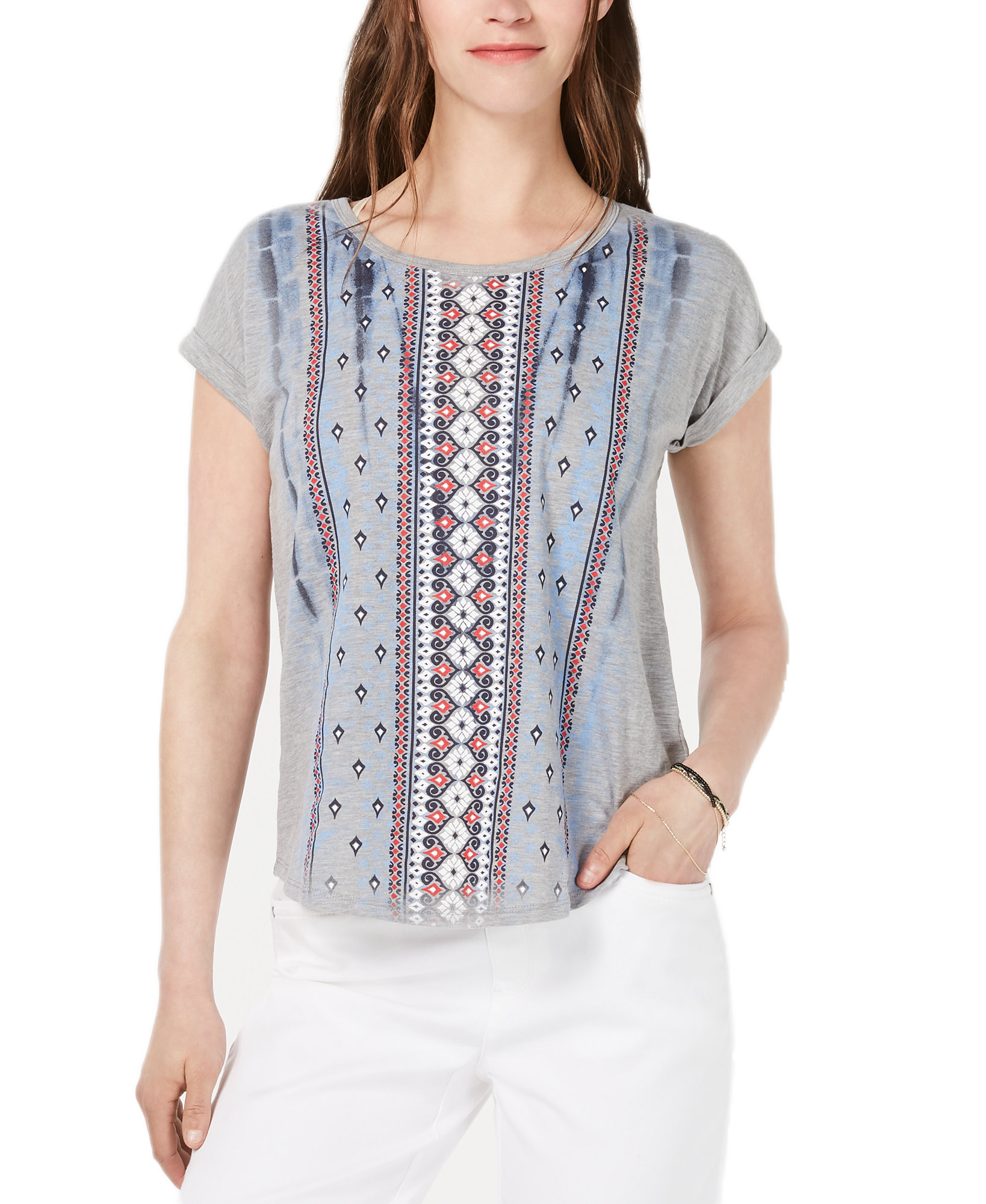 Style & Co Women Petite Printed Scoop Neck Top Tye Dye Tribal