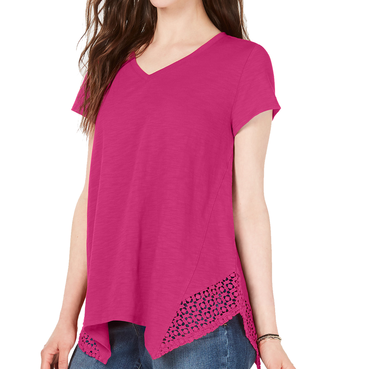 Style & Co Women Crochet Handkerchief Hem T Shirt Pink Breeze