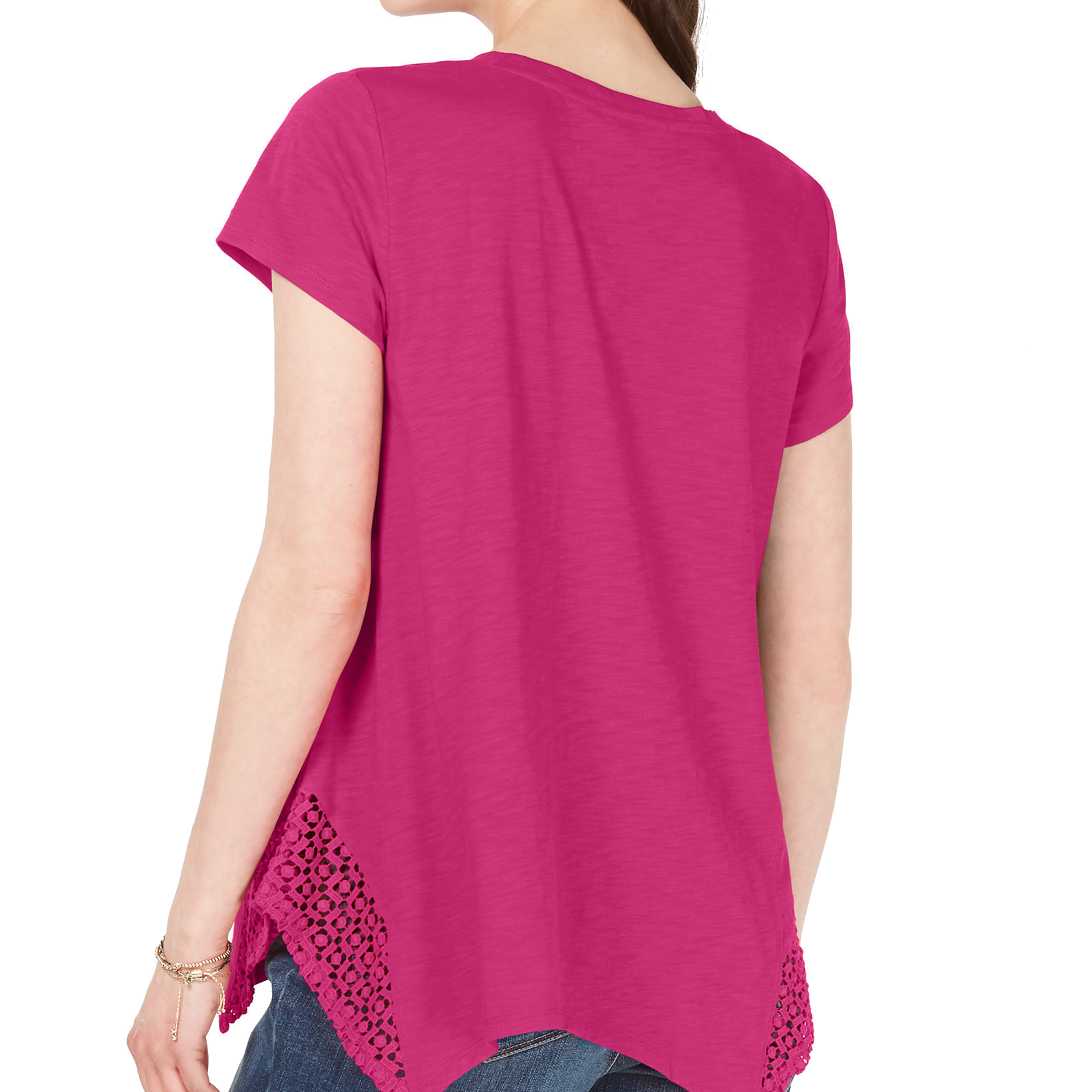 Style & Co Women Crochet Handkerchief Hem T Shirt