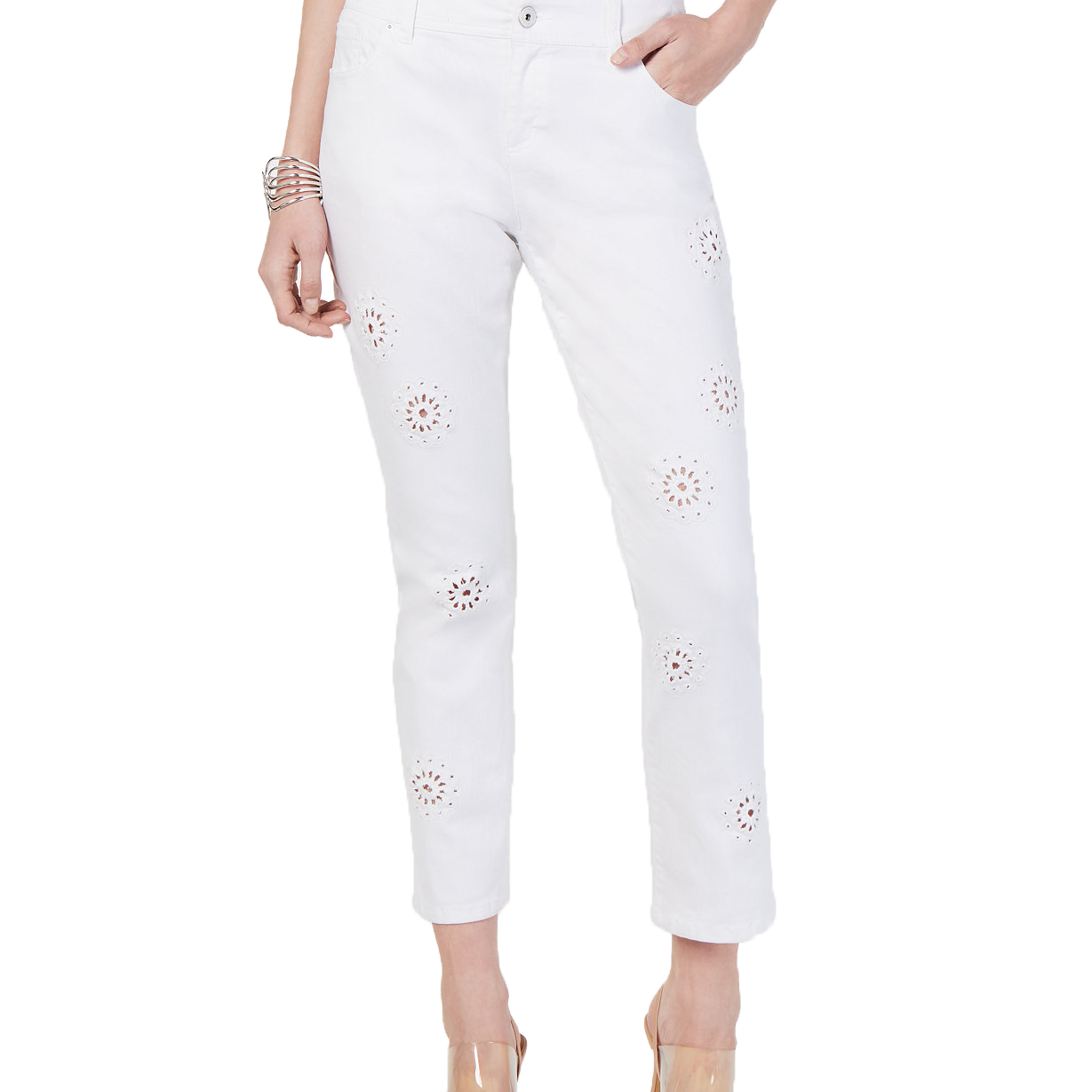 INC International Concepts Women Eyelet Cropped Boyfriend Jeans White