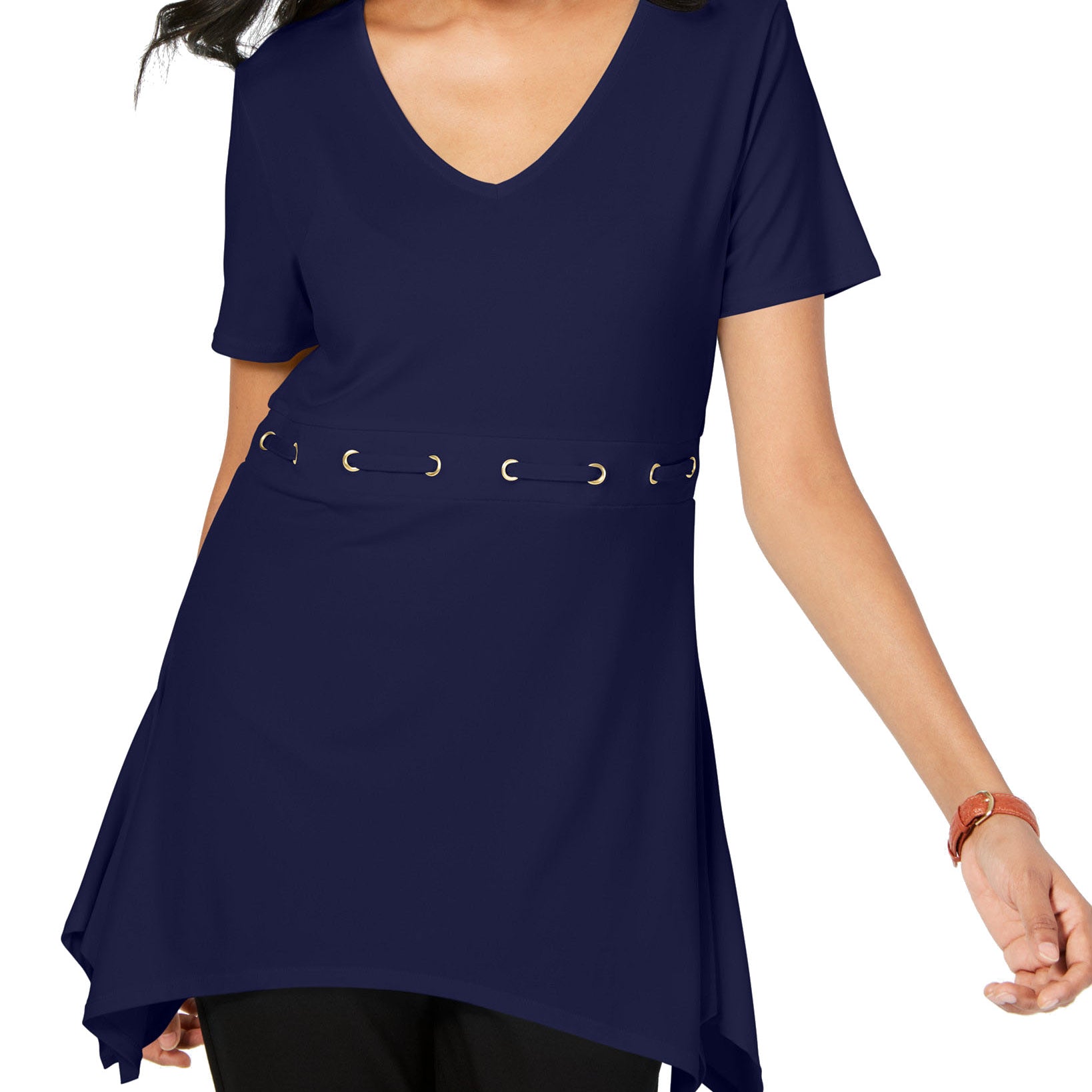JM Collection Women Grommet Waist V Neck Tunic Intrepid Blue