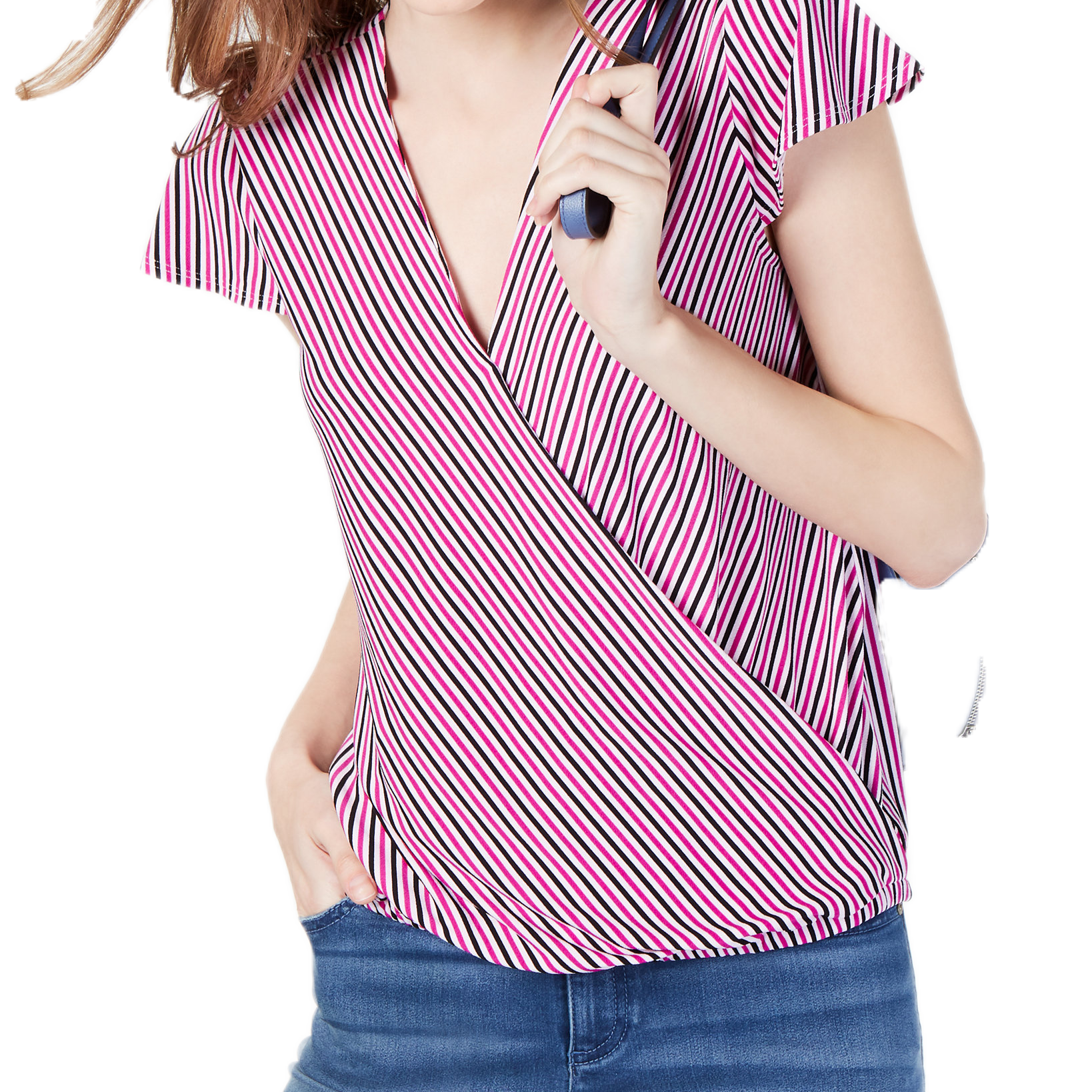 INC International Concepts Women Striped Cap Sleeve Wrap Shirt Deep Black