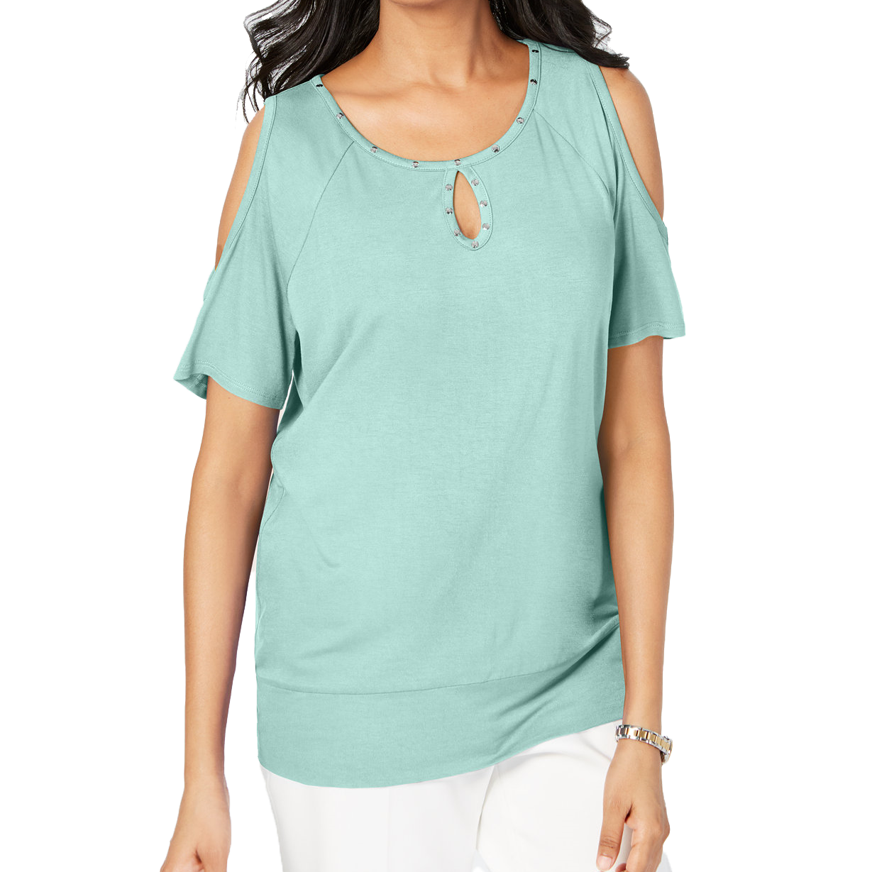 JM Collection Women Studded Cold Shoulder Top Aqua Flash