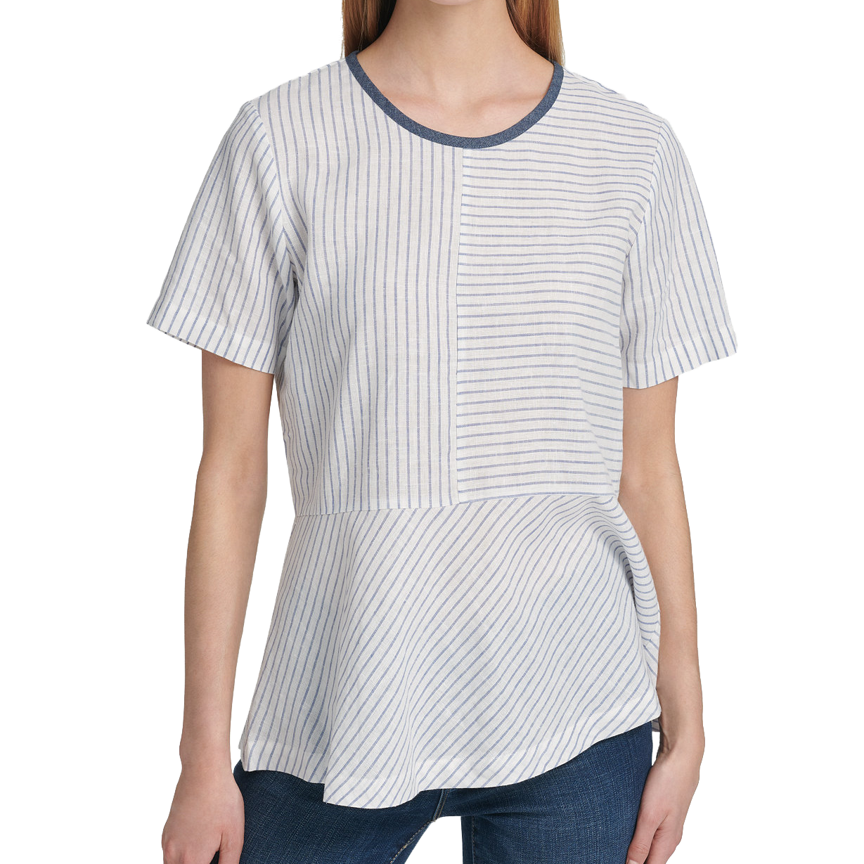 DKNY Women Mixed Striped Peplum Top Ivory Indigo