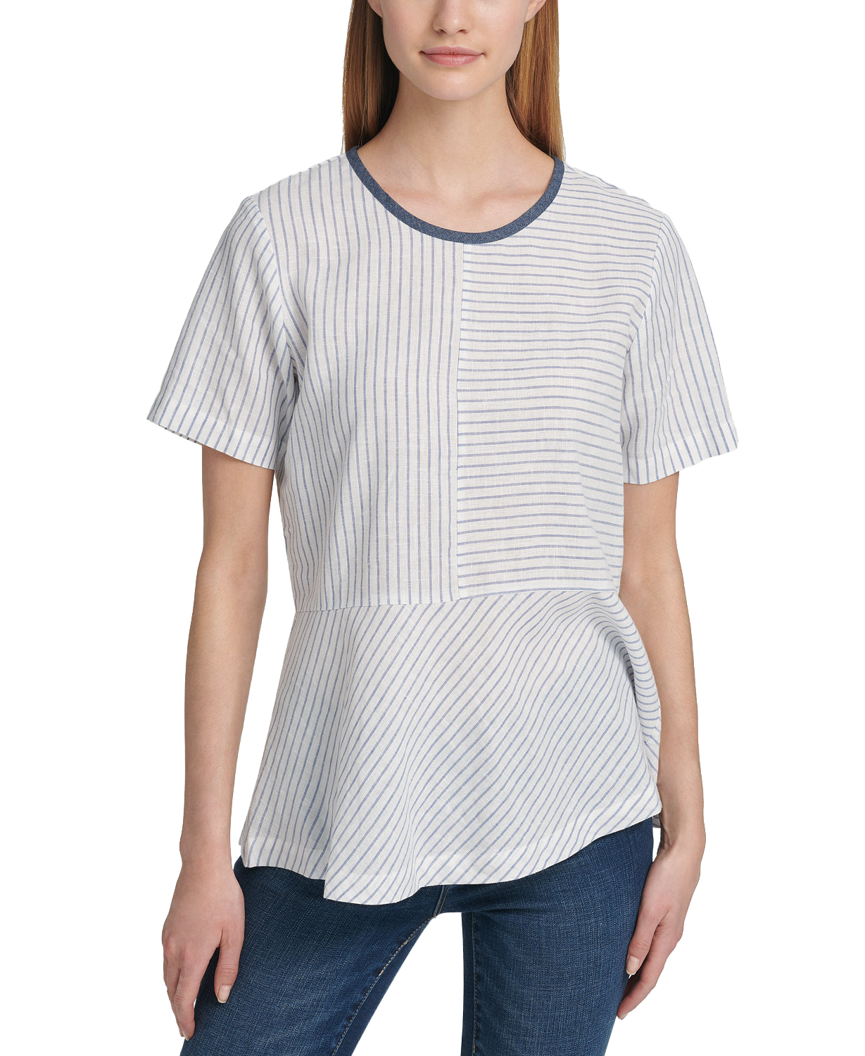 DKNY Women Mixed Striped Peplum Top Ivory Indigo