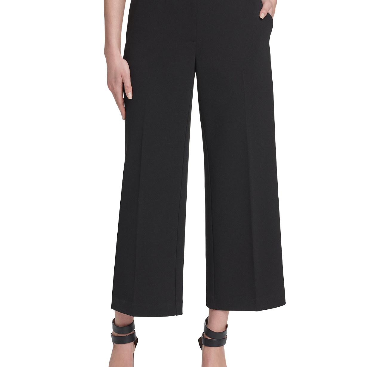 DKNY Women Petite Cropped Wide Leg Pull On Pants Black