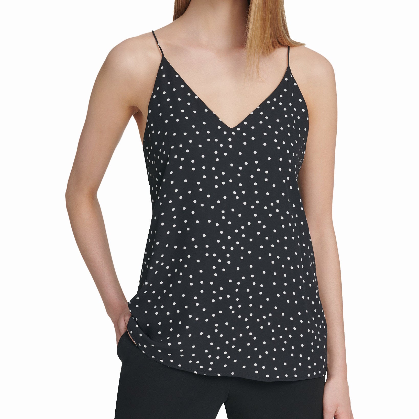 DKNY Women Petite Dot Print Strappy Top Black White