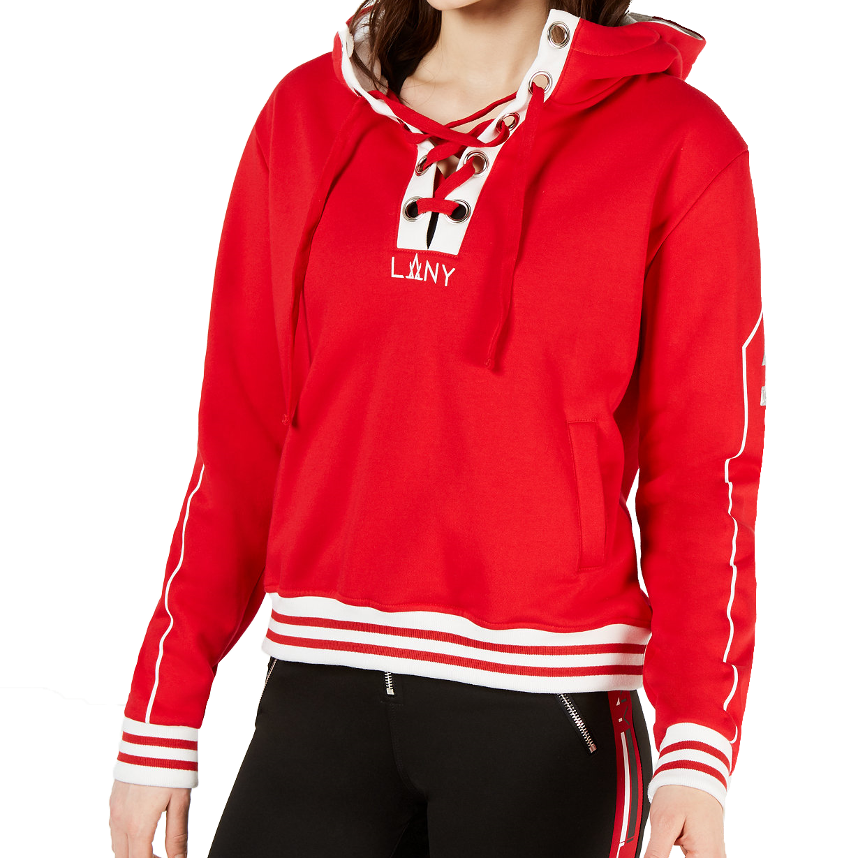La La Anthony Women Striped Lace Up Hoodie Red