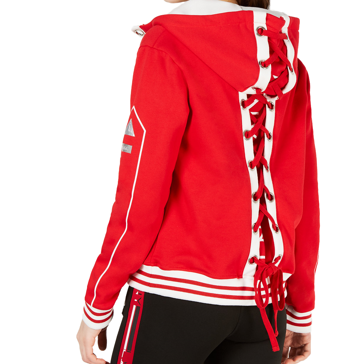 La La Anthony Women Striped Lace Up Hoodie