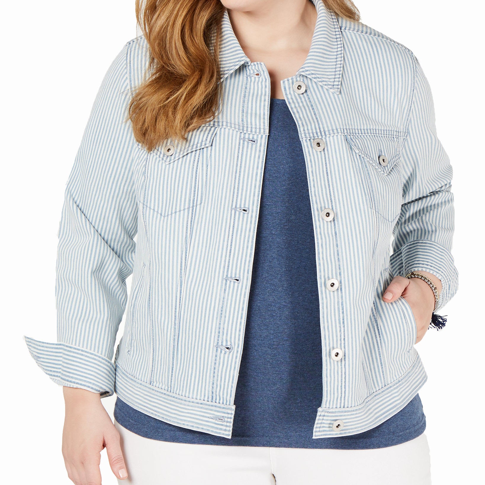 Style & Co Women Plus Basic Striped Jean Jacket Sedona