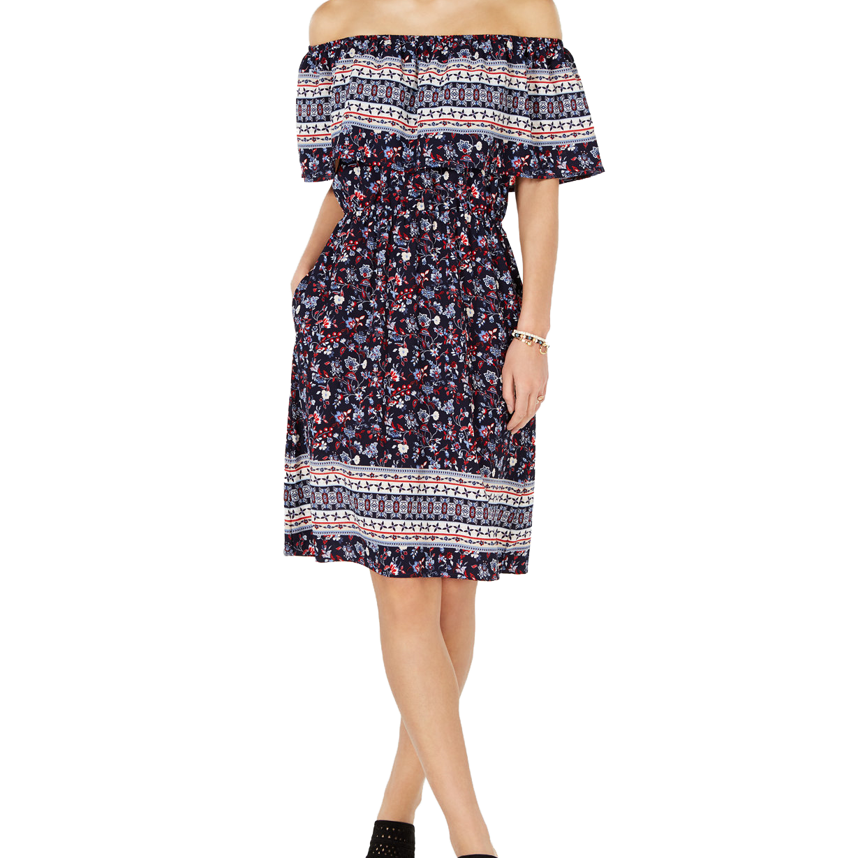 Style & Co Women Off The Shoulder Printed Dress Floral Chance Blue