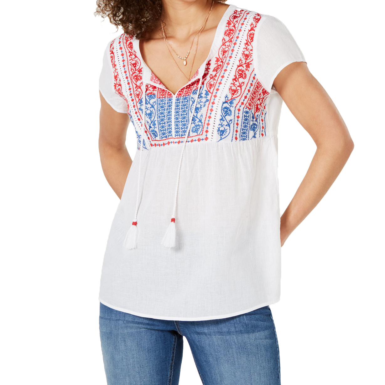 Style & Co Women Embroidered Tassel Top Summertime Delight