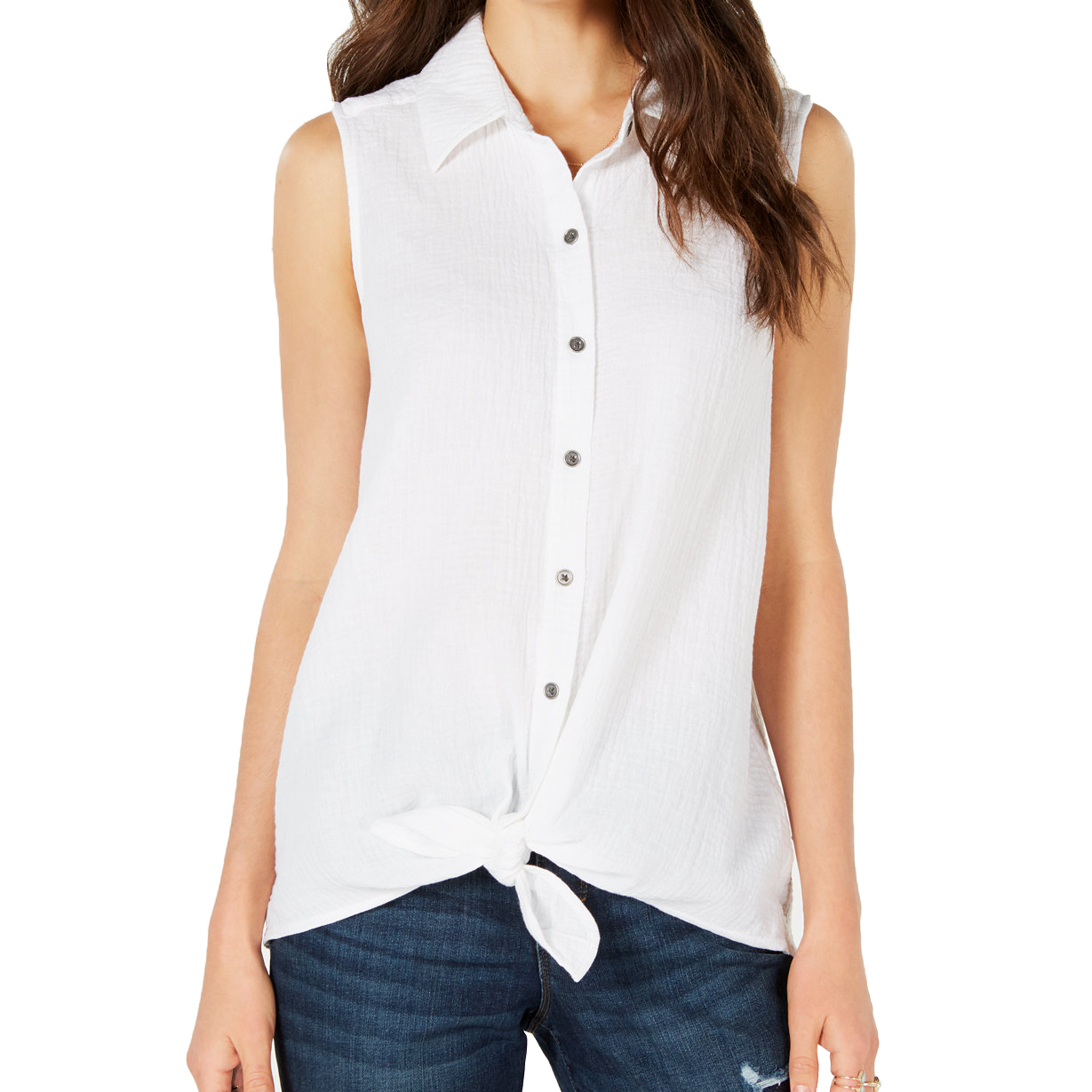 Style & Co Petite Tie Front Button Up Top Bright White