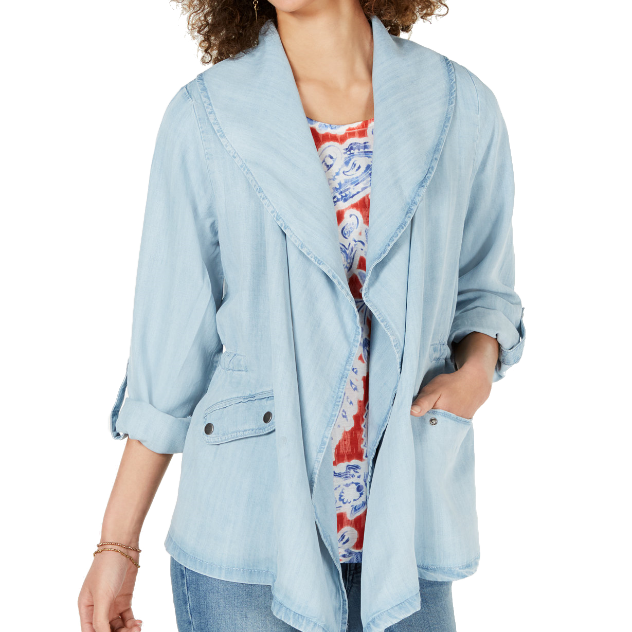 Style & Co Women Draped Chambray Jacket Sun Wash
