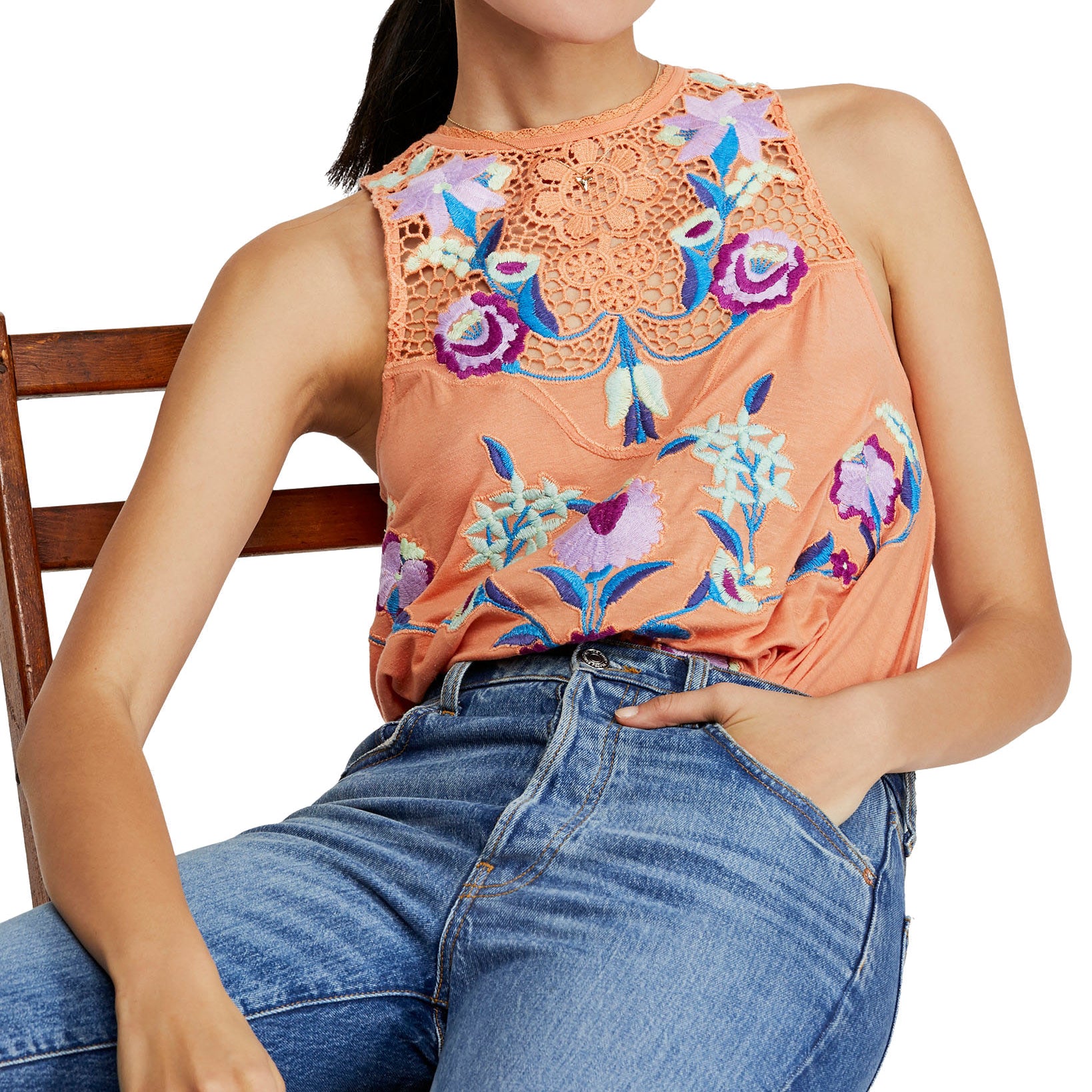 Free People Women Flower Power Embroidered Tank Top Coral Combo