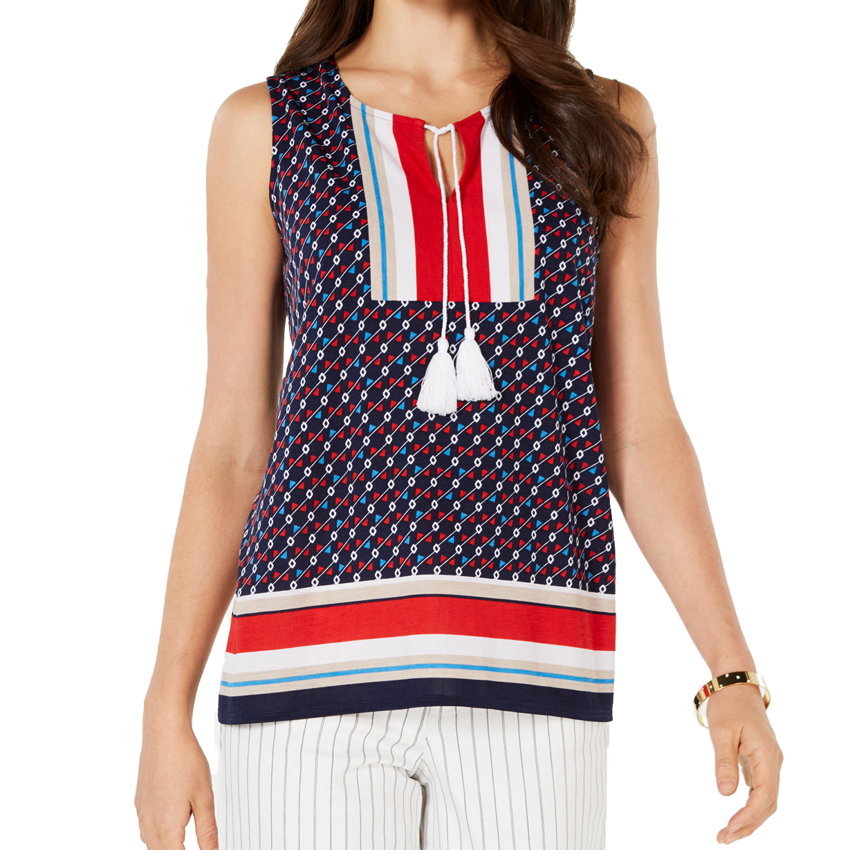Charter Club Women Printed Tassel Tie Sleeveless Top Intrepid Blue Combo